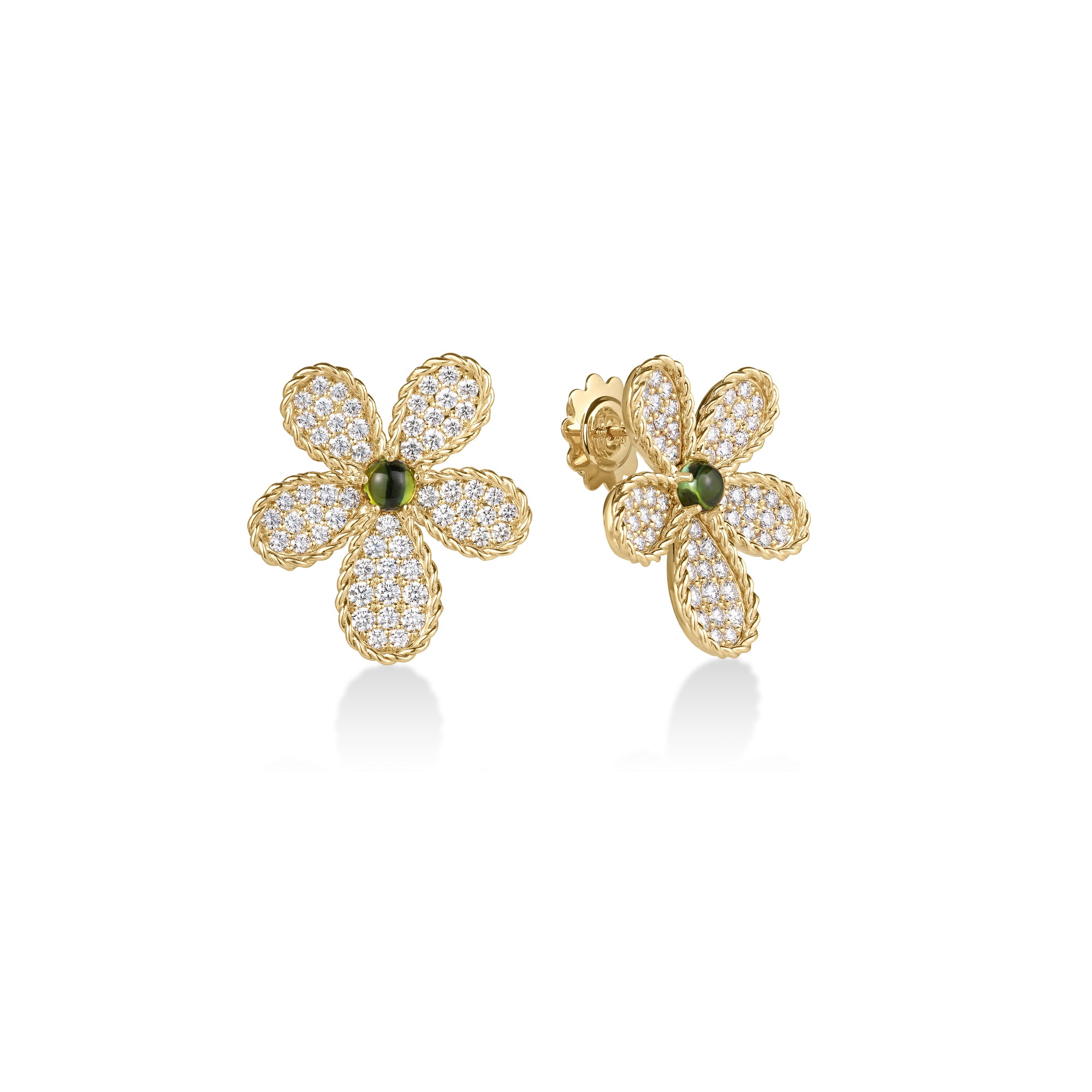 18K YELLOW GOLD JASMINE PAVE DIAMOND & GREEN TOURMALINE FLOWER STUD EARRINGS