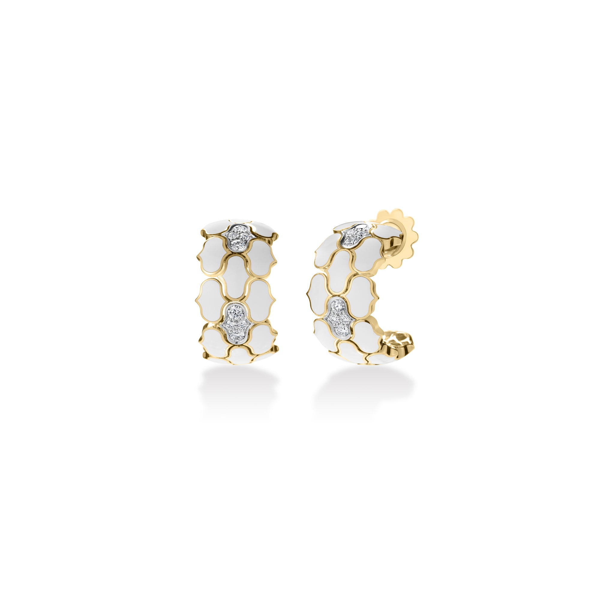 18K YELLOW/WHITE GOLD COBRA DIAMOND & WHITE ENAMEL HOOP EARRINGS