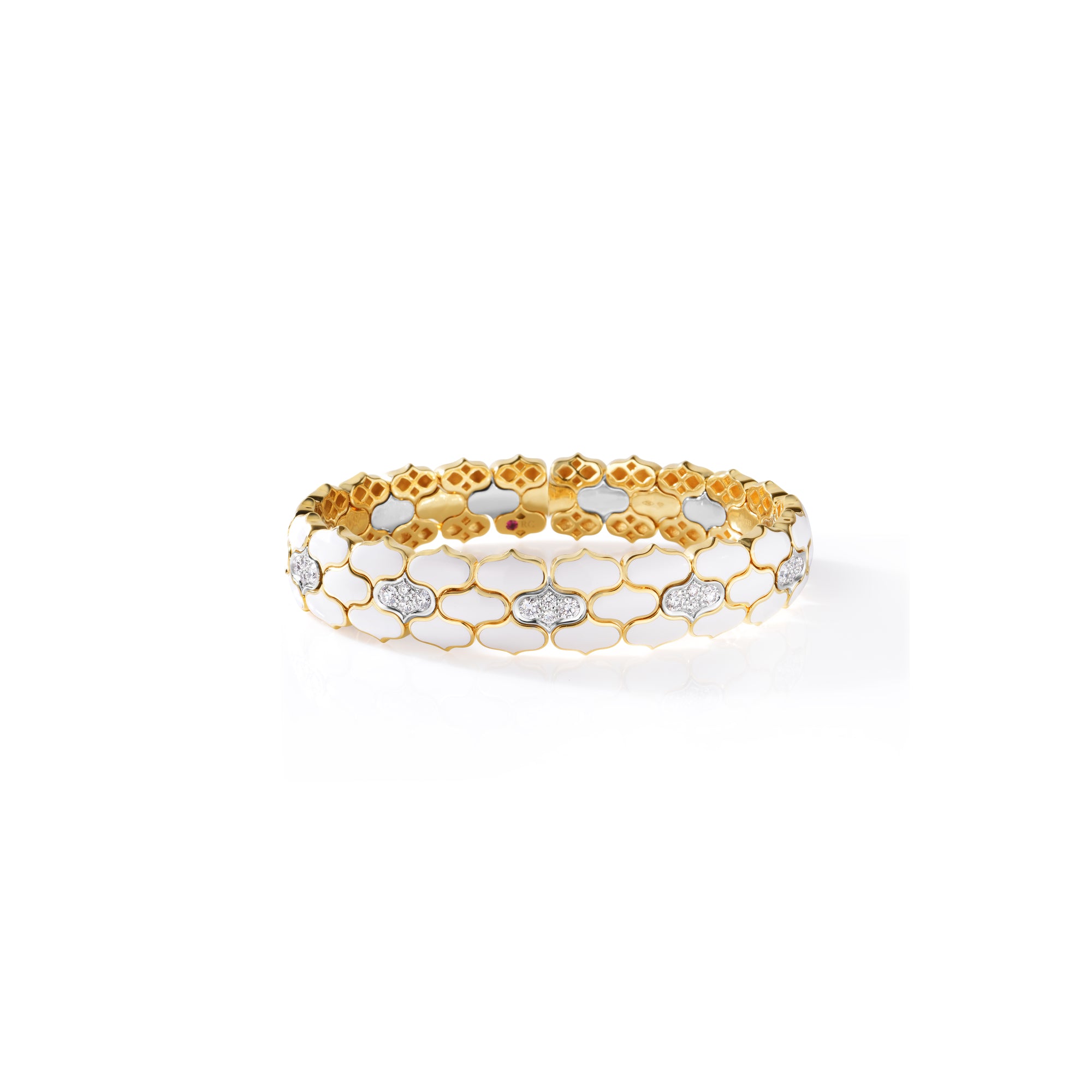 18K YELLOW/WHITE GOLD COBRA DIAMOND & WHITE ENAMEL BANGLE
