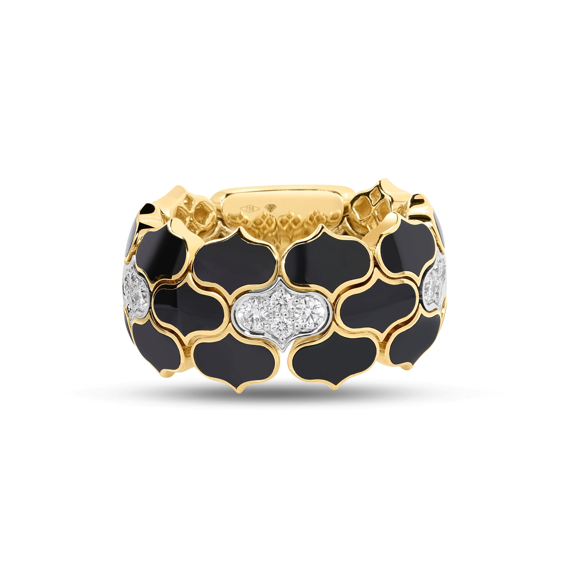 18K YELLOW/WHITE GOLD COBRA DIAMOND AND BLACK ENAMEL WIDE RING