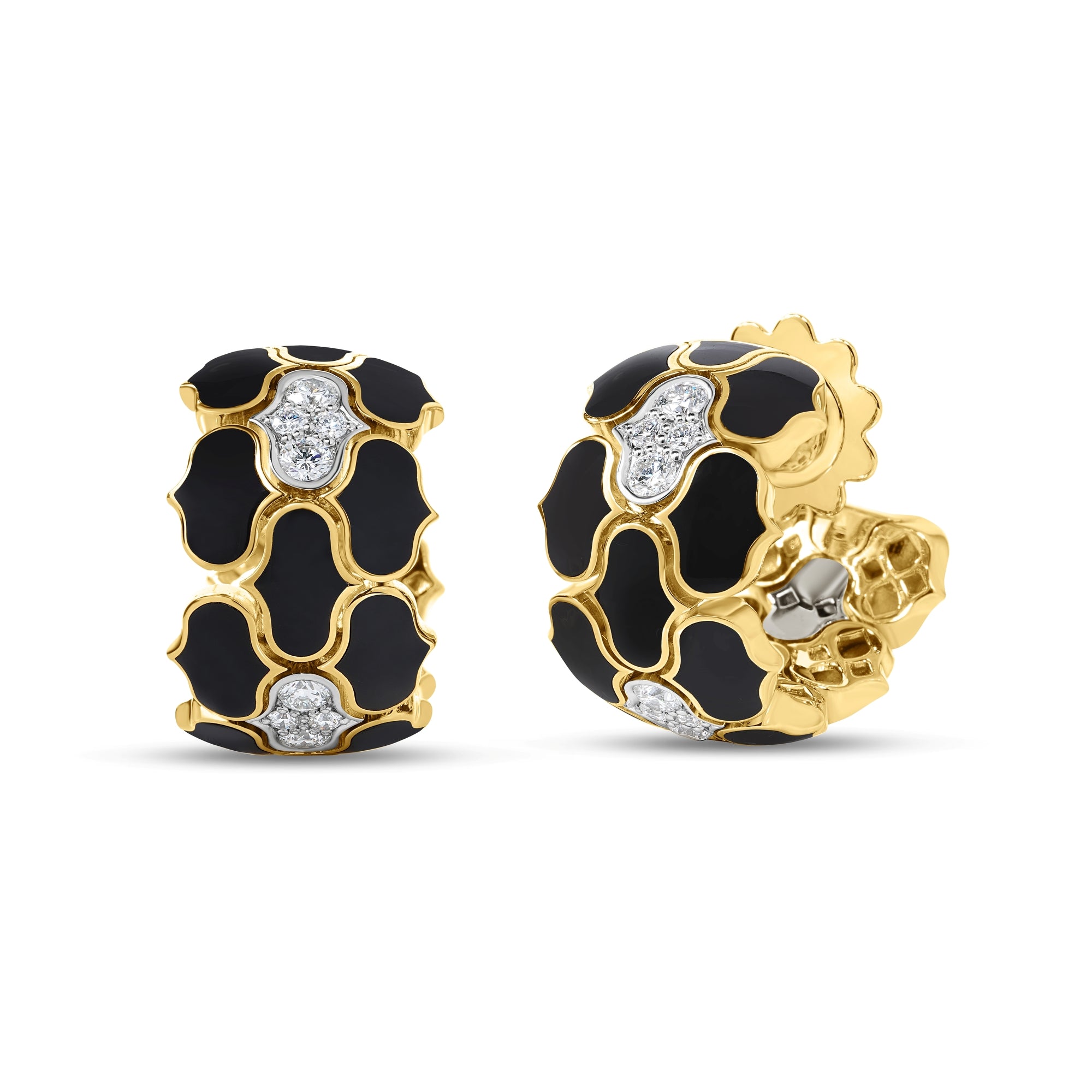 18K YELLOW/WHITE GOLD COBRA DIAMOND AND BLACK ENAMEL WIDE HOOP EARRINGS