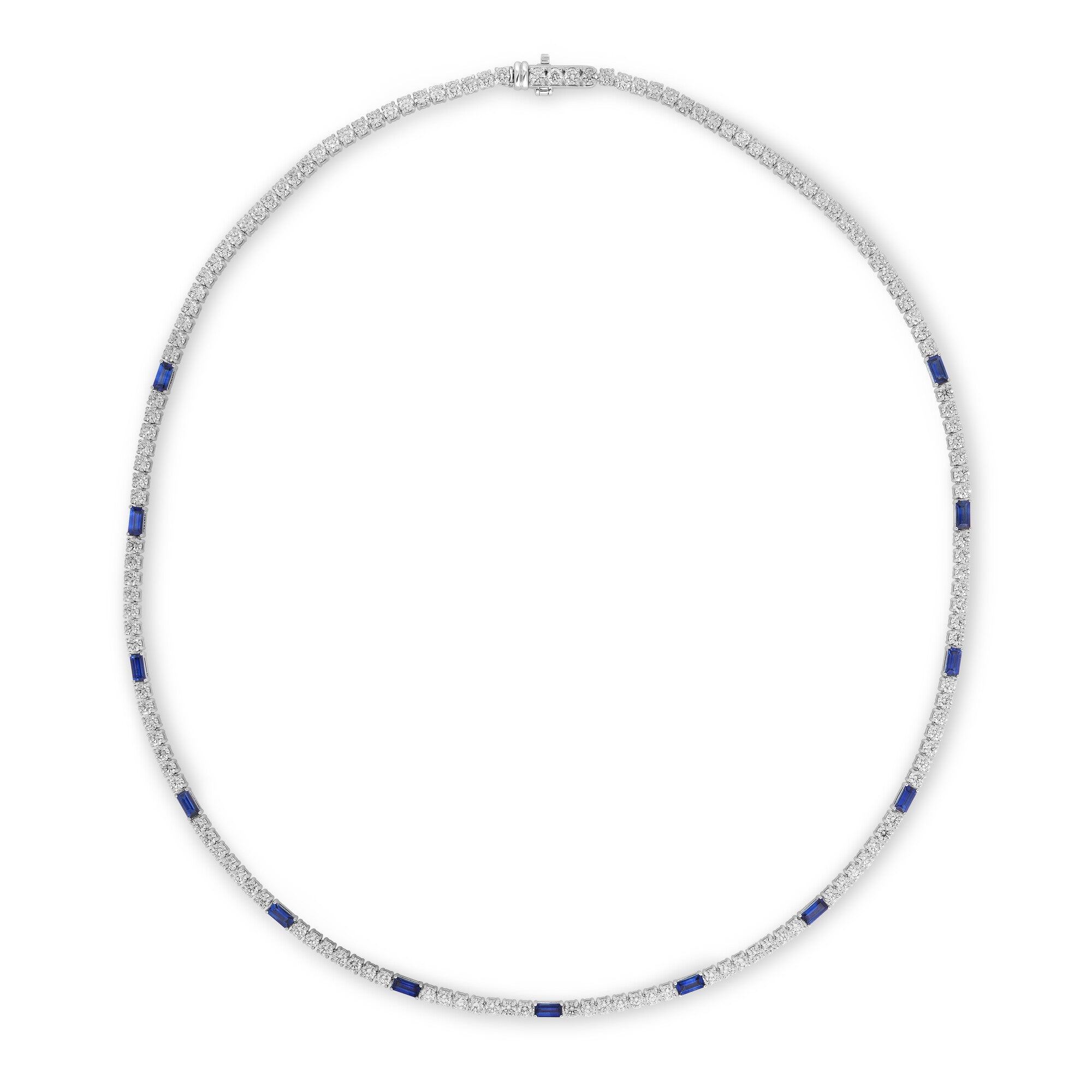 18K WHITE GOLD DIAMOND PRINCESS PAVE DIAMOND & EMERALD CUT BLUE SAPPHIRE NECKLACE