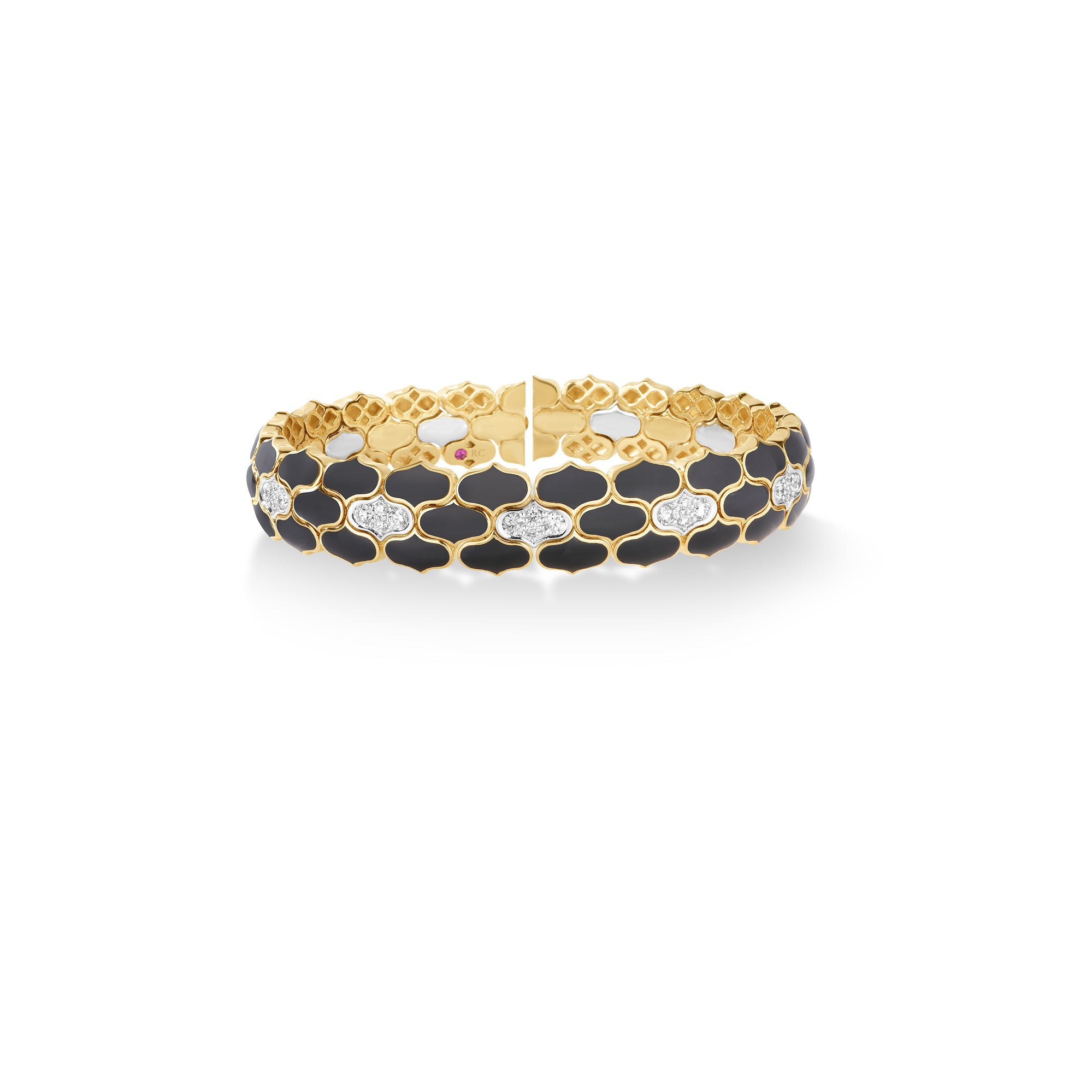 18K YELLOW/WHITE GOLD COBRA DIAMOND & BLACK CERAMIC BANGLE