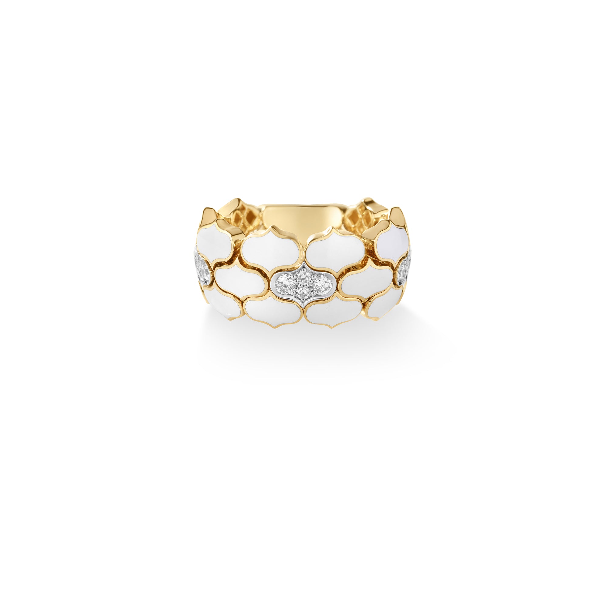 18K YELLOW/WHITE GOLD COBRA DIAMOND & WHITE ENAMEL RING