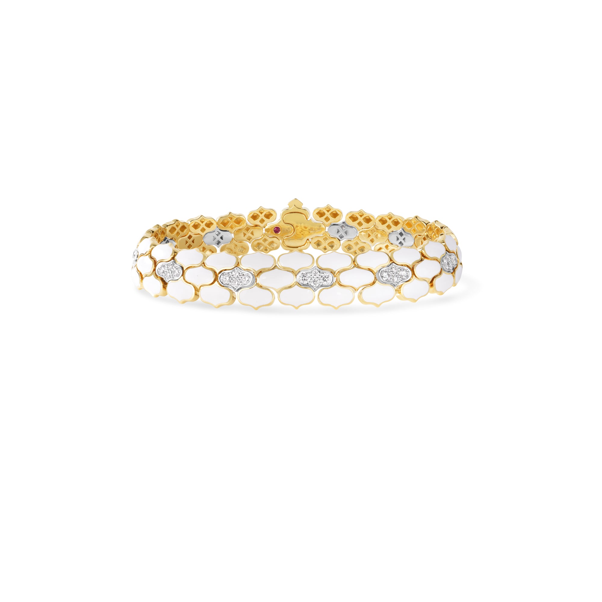 18K YELLOW/WHITE GOLD COBRA DIAMOND & WHITE ENAMEL BRACELET