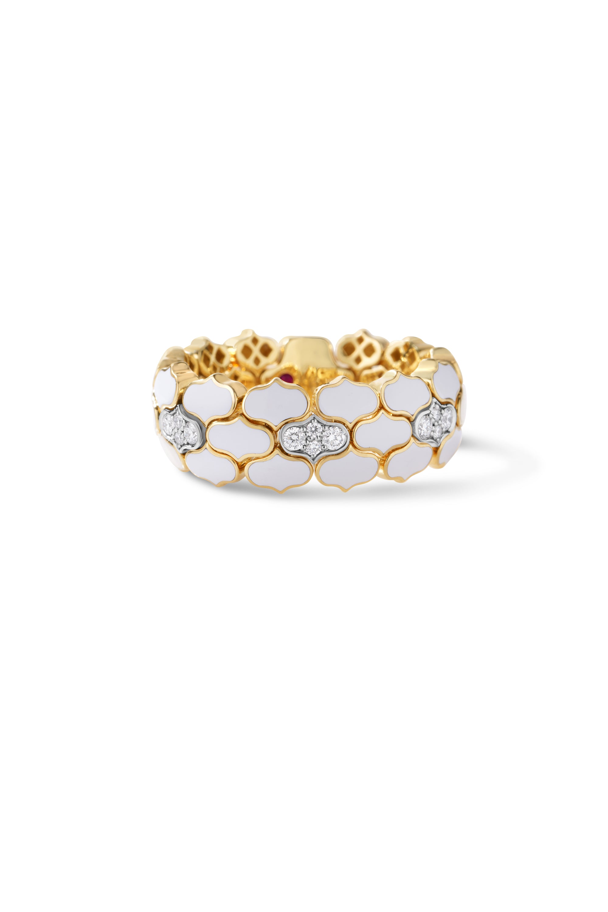 18K YELLOW/WHITE GOLD COBRA DIAMOND & WHITE ENAMEL RING