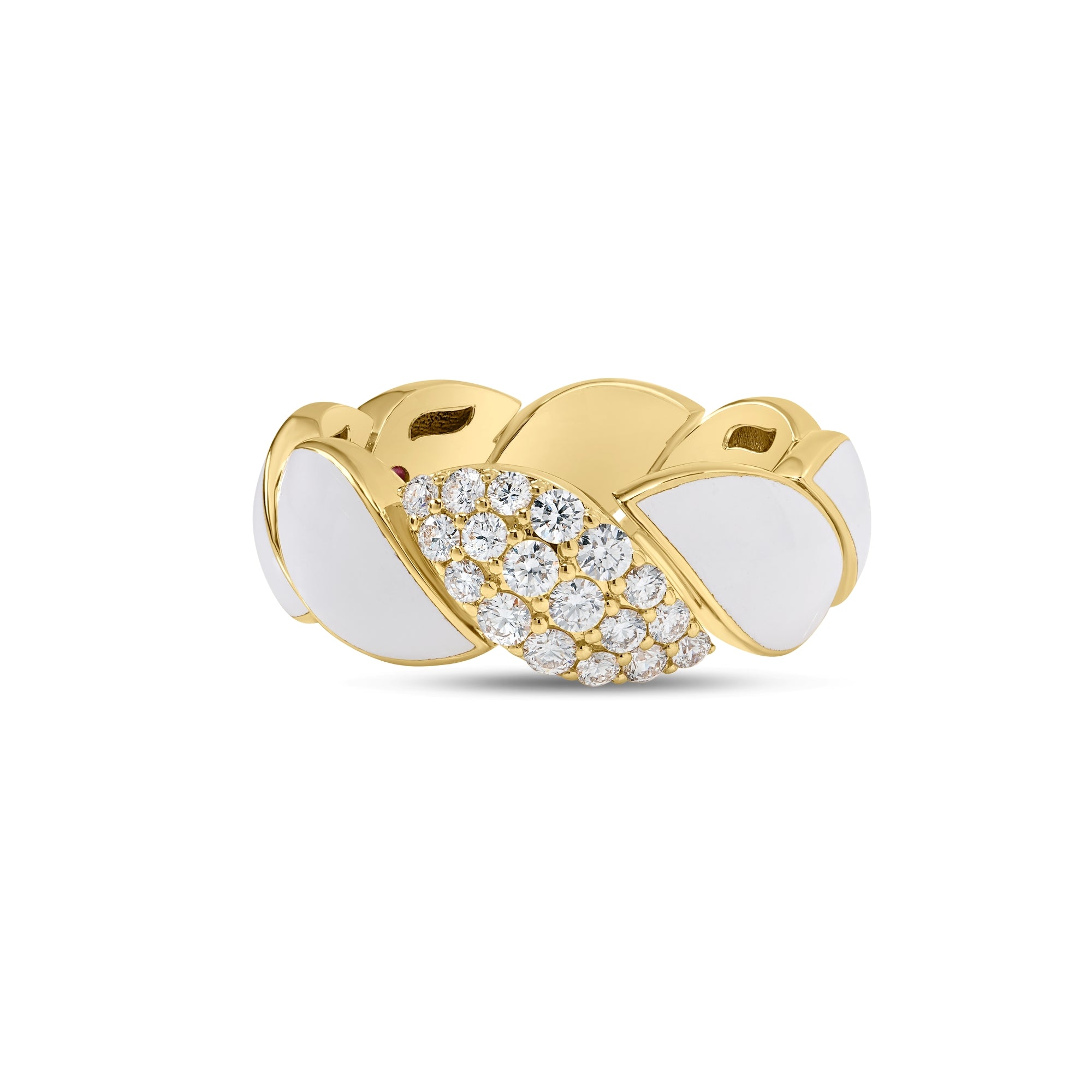 18K YELLOW GOLD SAN MARCO DIAMOND AND WHITE ENAMEL RING