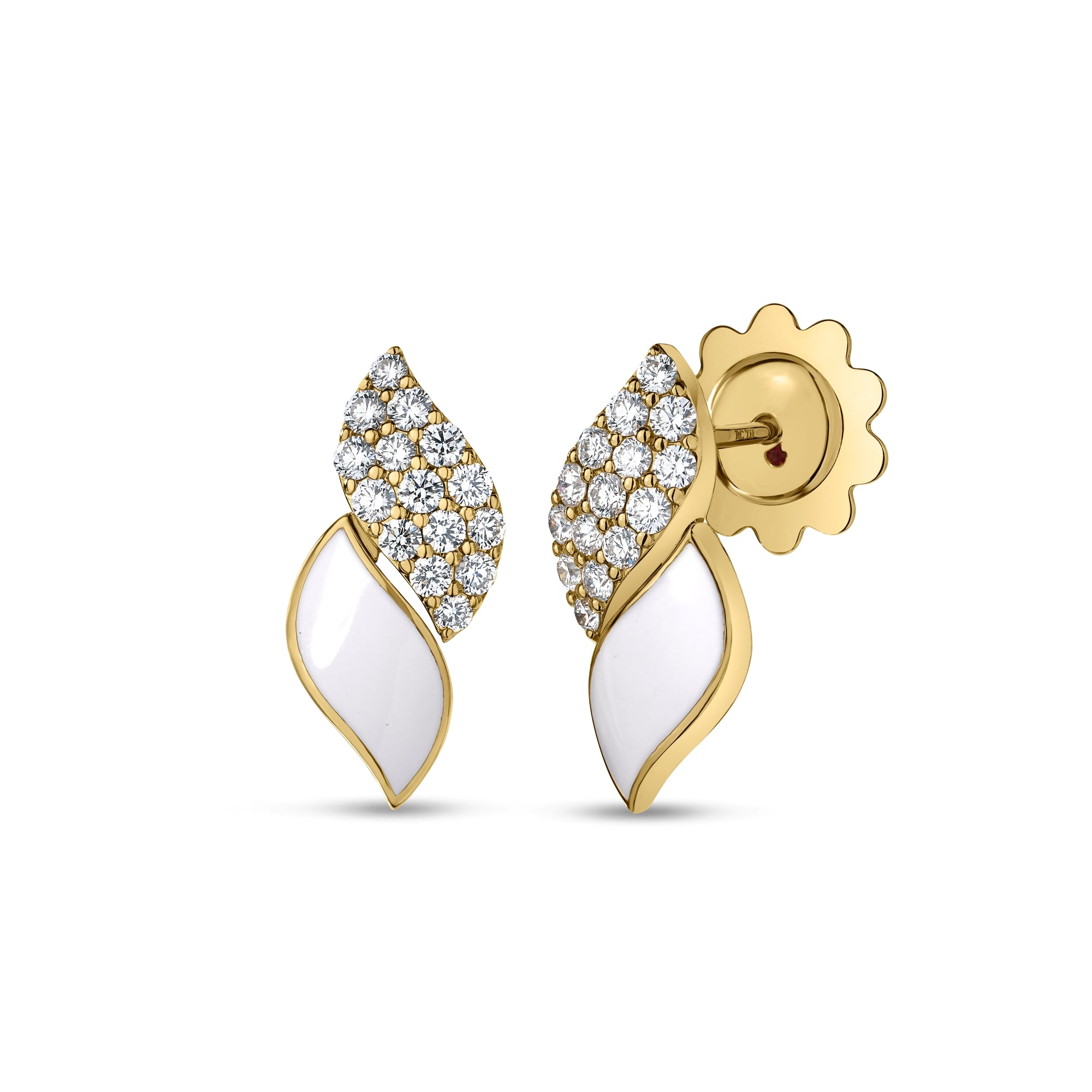 18K YELLOW GOLD SAN MARCO DIAMOND AND WHITE ENAMEL SMALL STUD EARRINGS