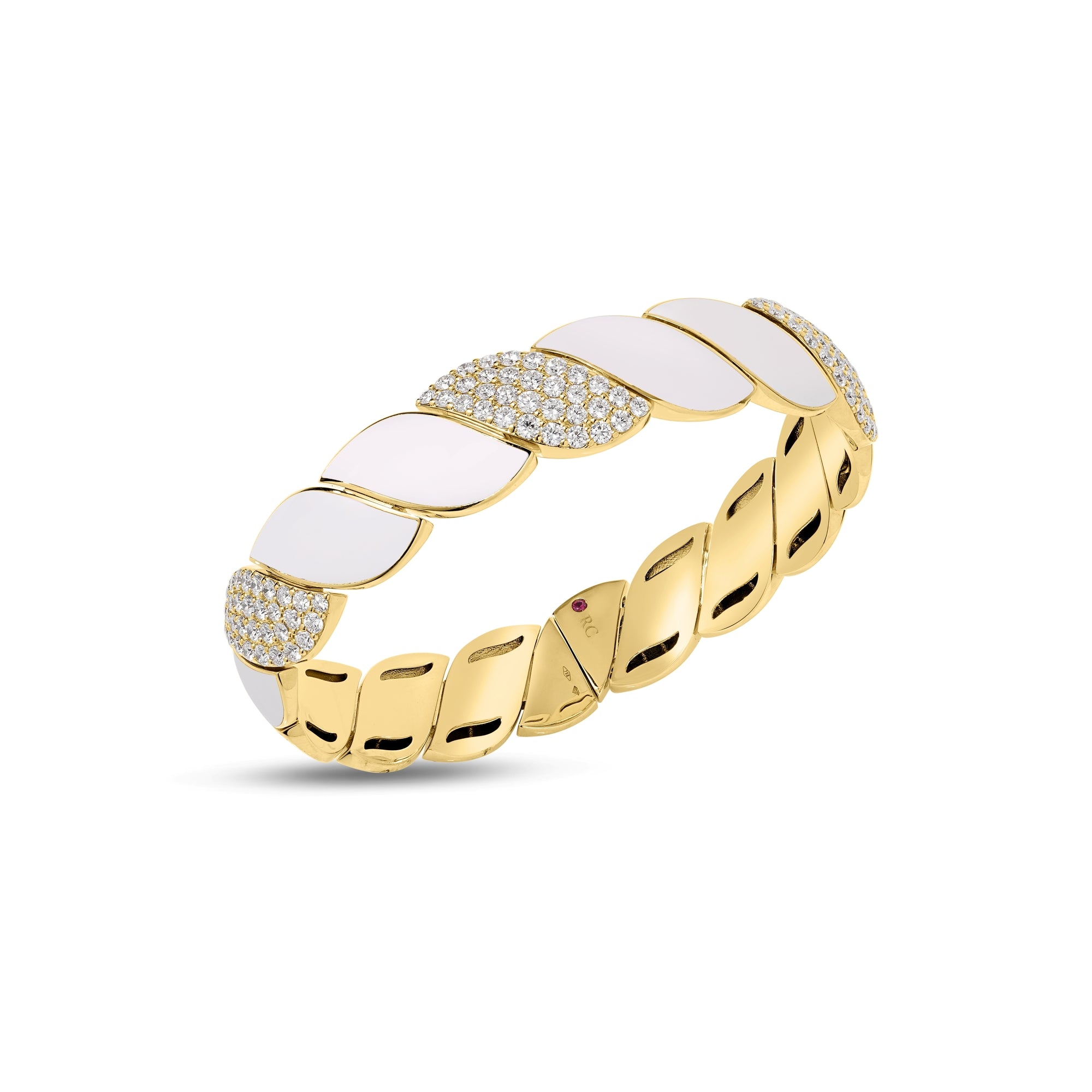 18K YELLOW GOLD SAN MARCO DIAMOND AND WHITE ENAMEL WIDE CUFF BANGLE