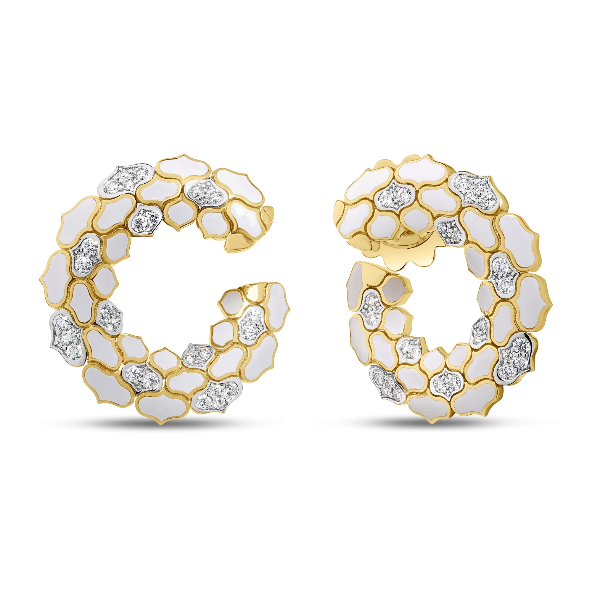 18K YELLOW GOLD COBRA DIAMOND AND WHITE ENAMEL CURL EARRINGS