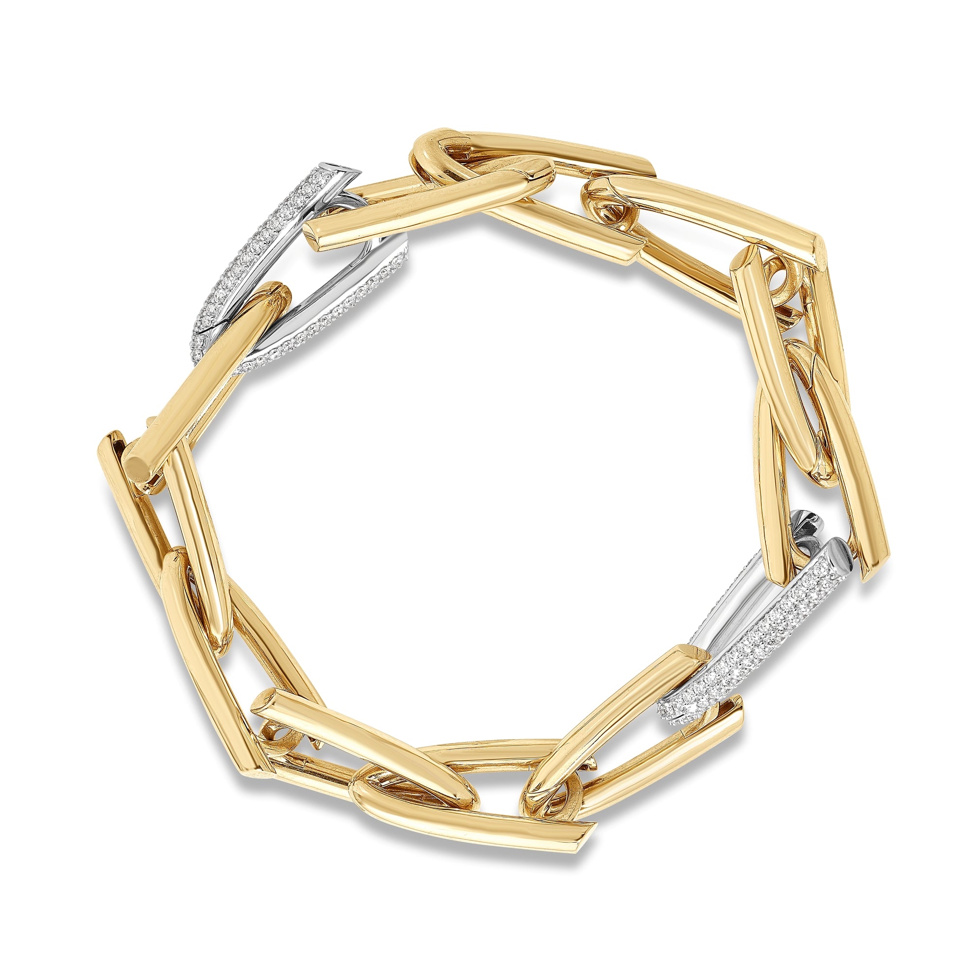 18K YELLOW/WHITE DESIGNER GOLD TRIANGLE LINK DIAMOND BRACELET