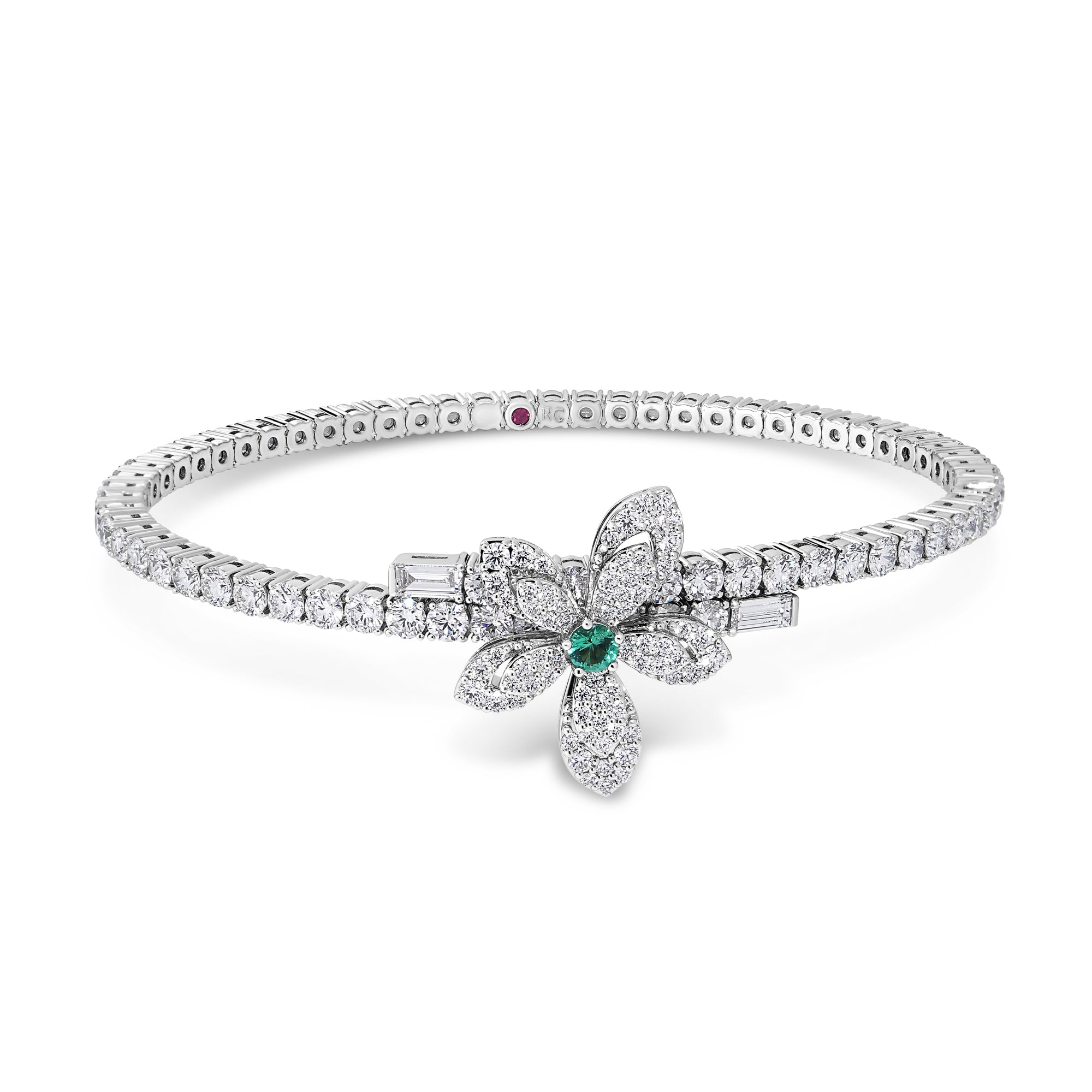 18K WHITE GOLD TIARE PAVE DIAMOND AND EMERALD FLOWER CUFF BANGLE