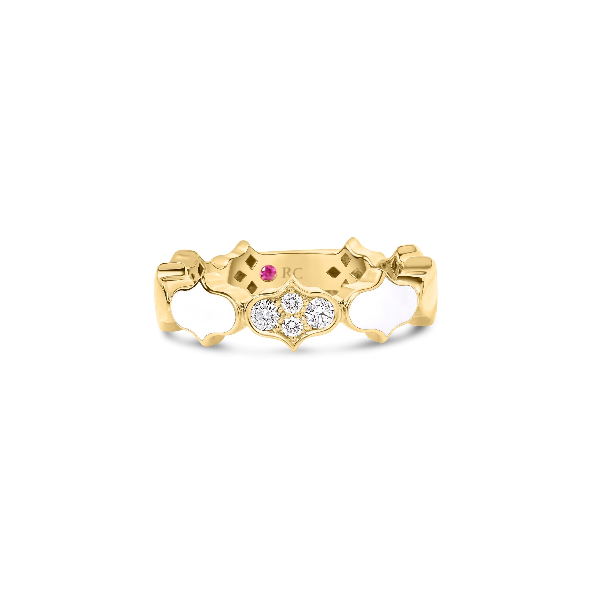 18K YELLOW GOLD COBRA DIAMOND AND WHITE ENAMEL SINGLE ROW RING
