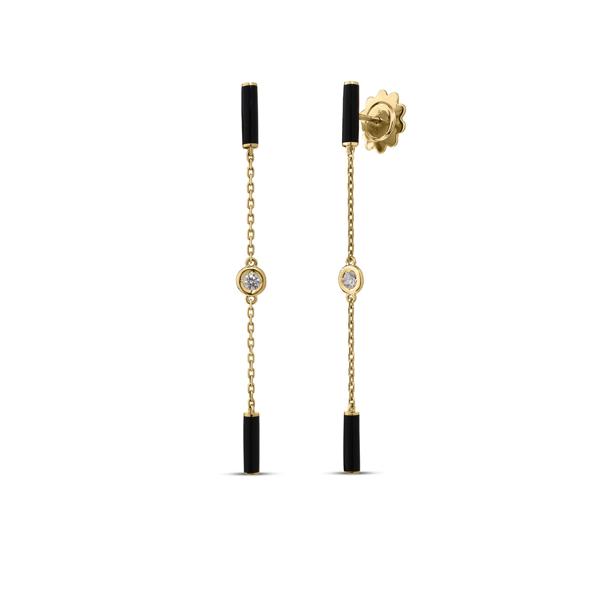 18K YELLOW GOLD DIAMONDS BY THE INCH BLACK ENAMEL BAR AND BEZEL STATION DANGLE EARRINGS