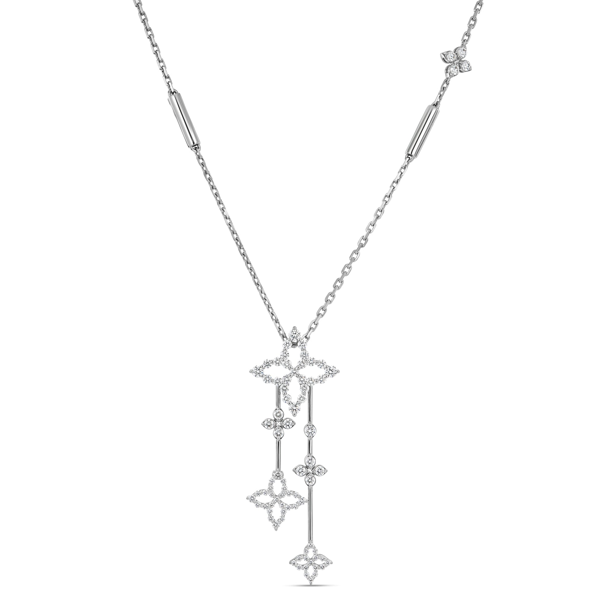 18K WHITE GOLD DIAMOND PRINCESS MULTI-FLOWER DANGLE NECKLACE