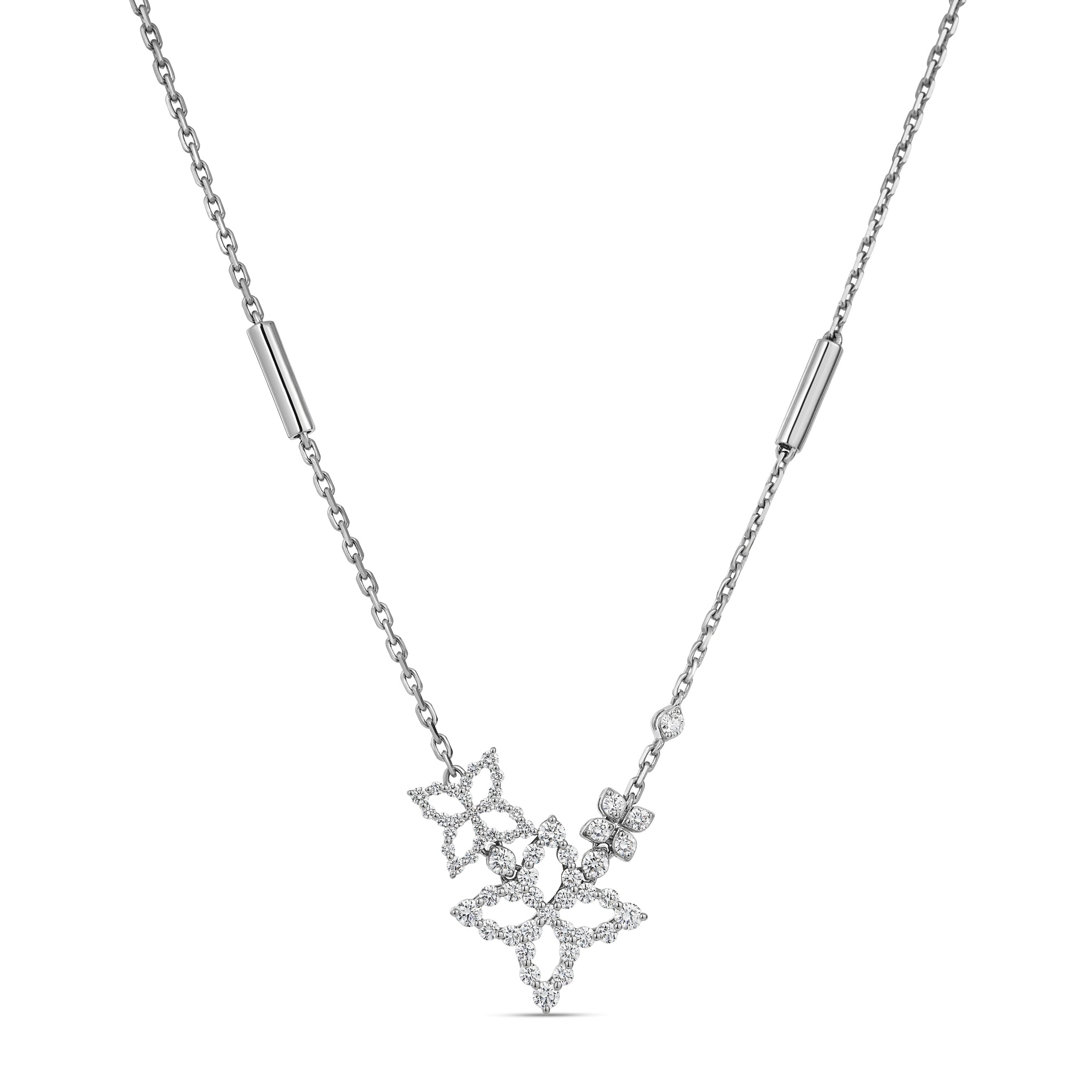 18K WHITE GOLD DIAMOND PRINCESS TRIPLE FLOWER NECKLACE