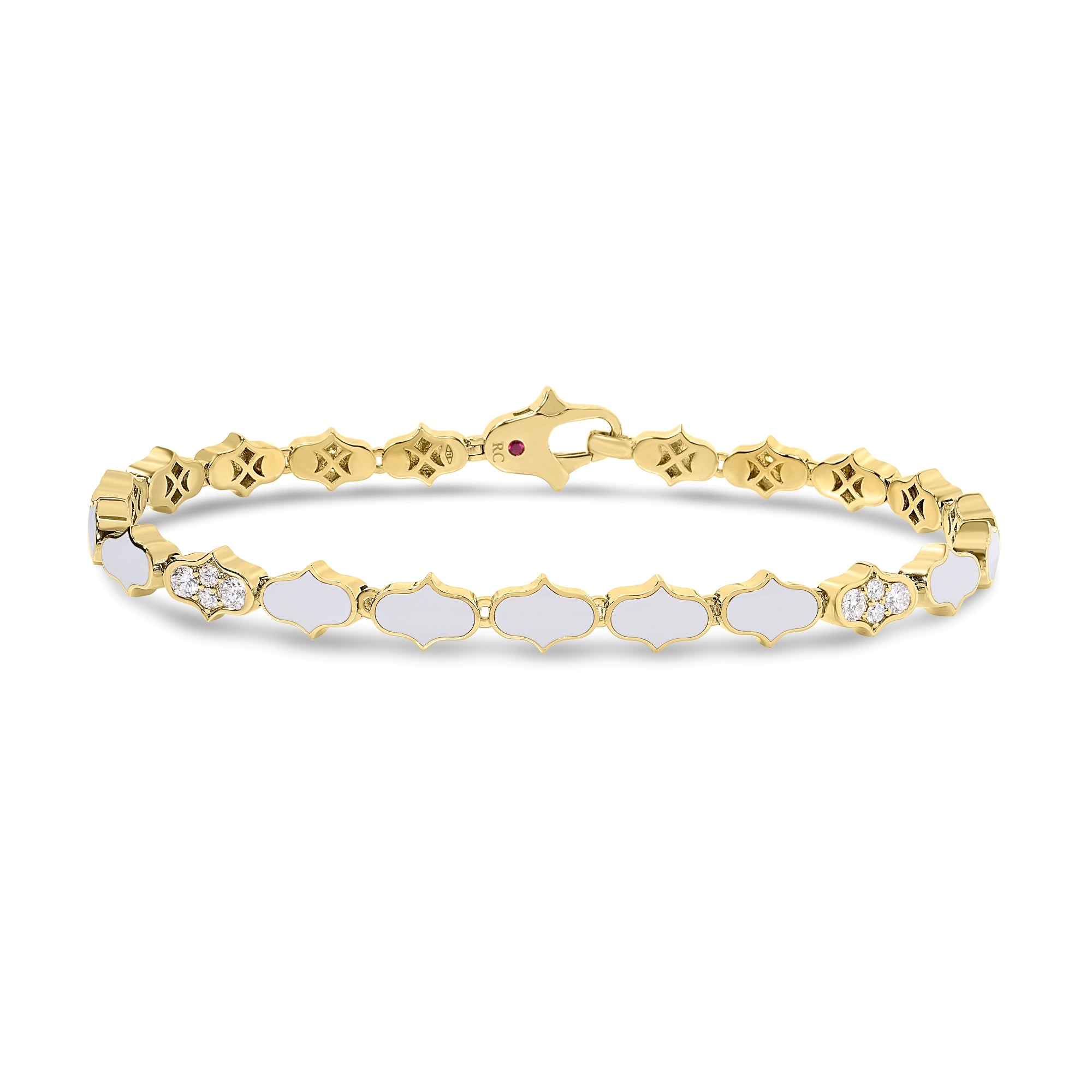 18K YELLOW GOLD COBRA DIAMOND ACCENTS AND WHITE ENAMEL SINGLE ROW BRACELET
