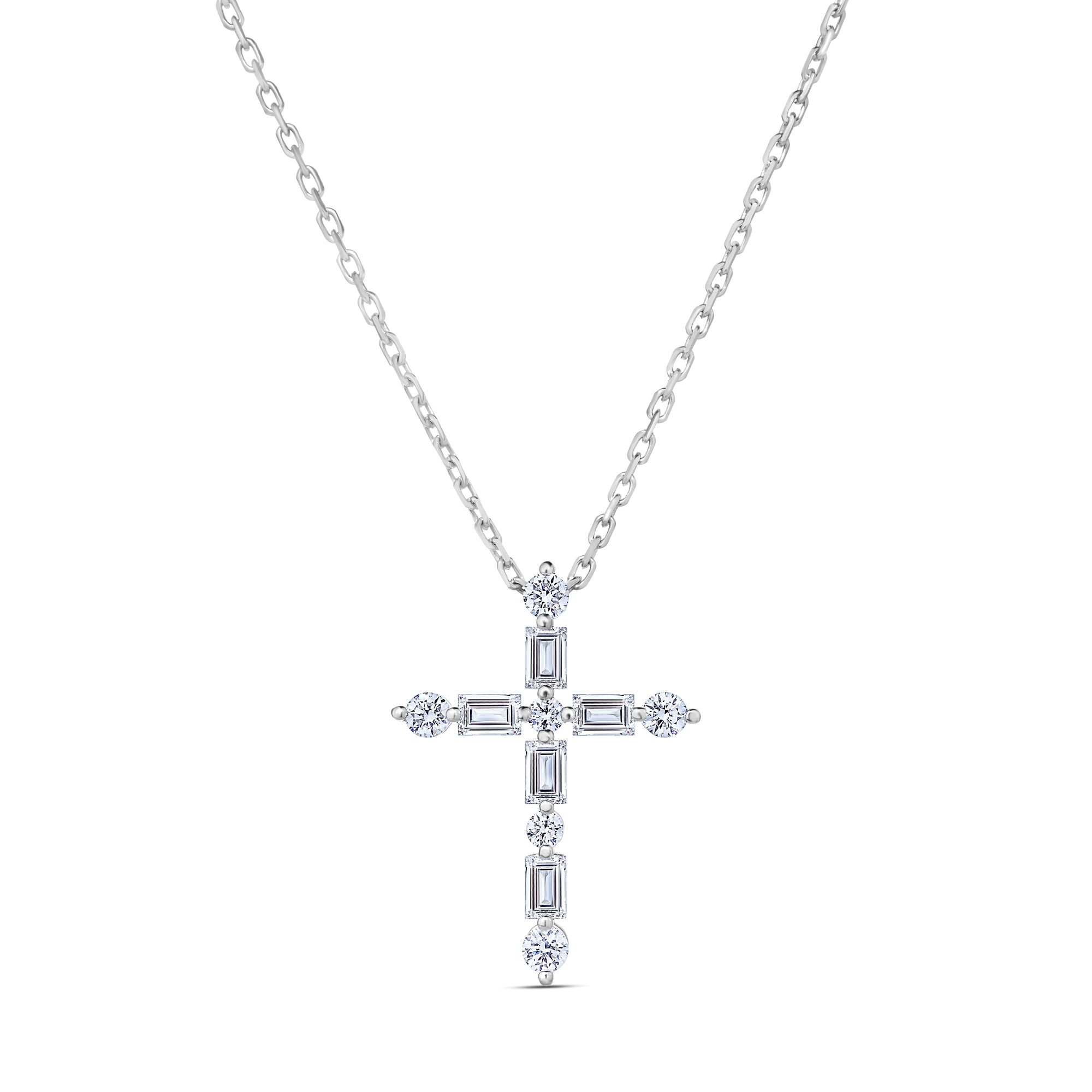18K WHITE GOLD DIAMOND CLASSIC BRILLIANT AND EMERALD CUT CROSS NECKLACE