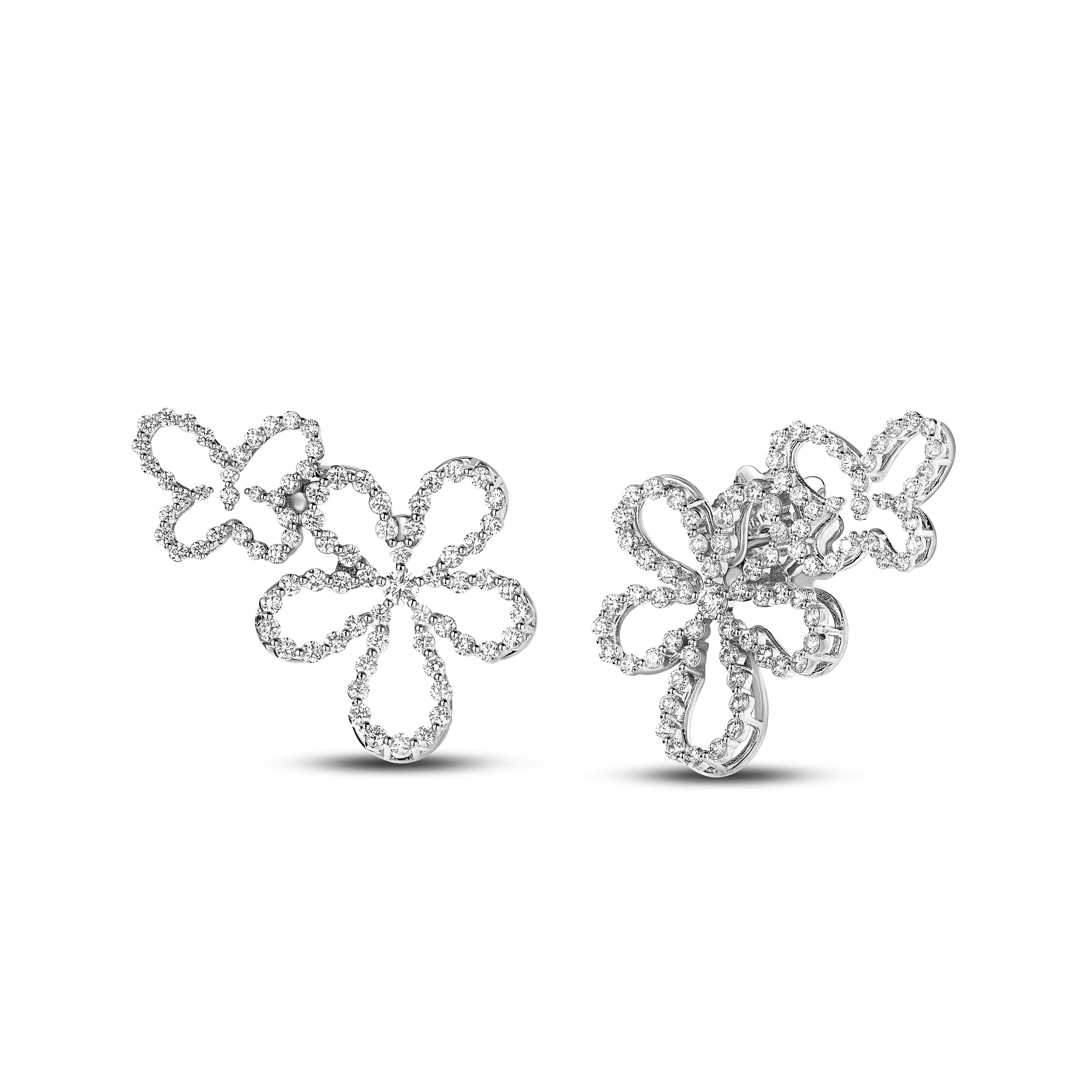 18K WHITE GOLD JASMINE PAVE DIAMOND OUTLINE BUTTERFLY AND FLOWER STUD EARRINGS