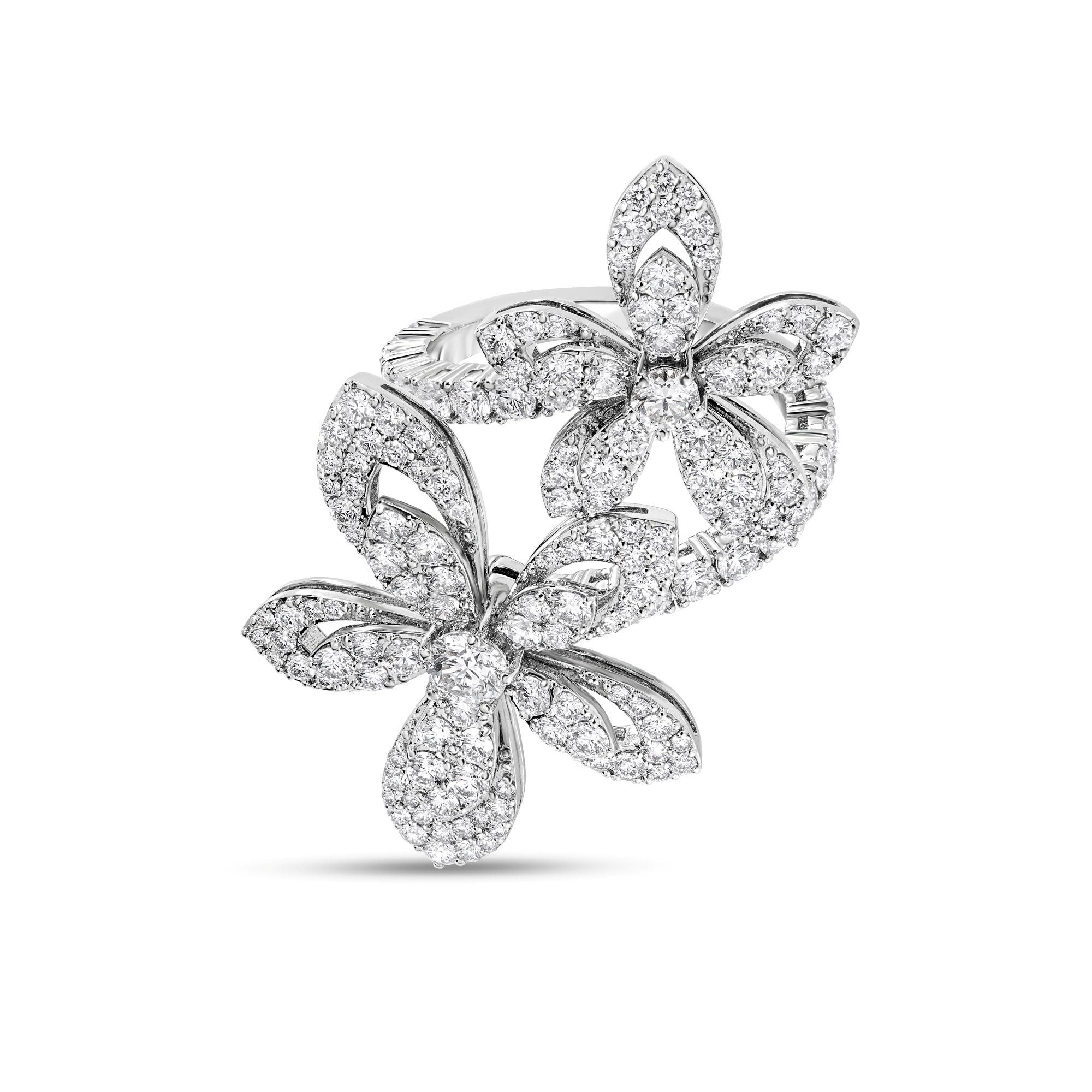 18K WHITE GOLD TIARE PAVE DIAMOND FLOWERS BYPASS RING