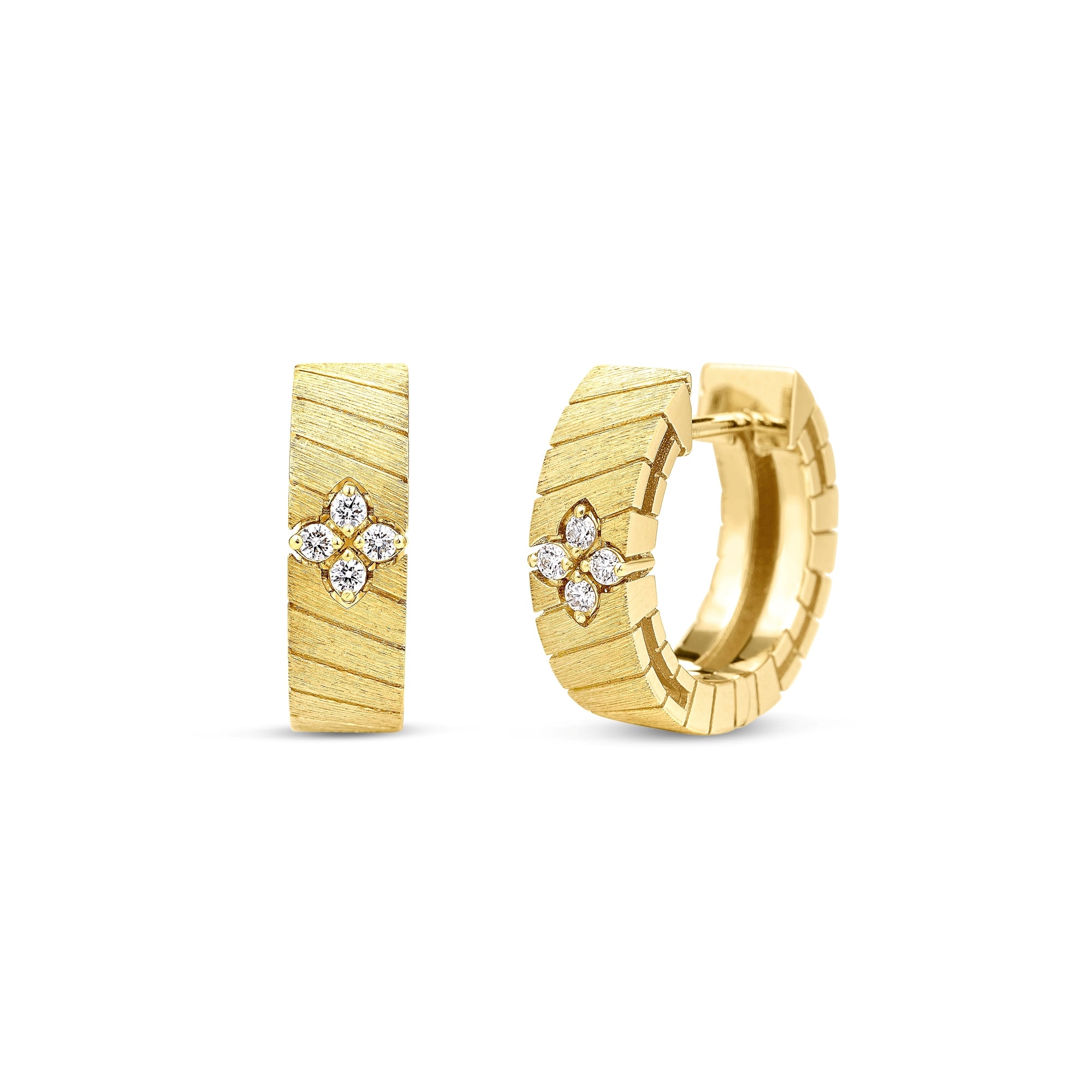 18K YELLOW GOLD LOVE IN VERONA RIDGED AND SATIN FINISH DIAMOND HOOP EARRINGS