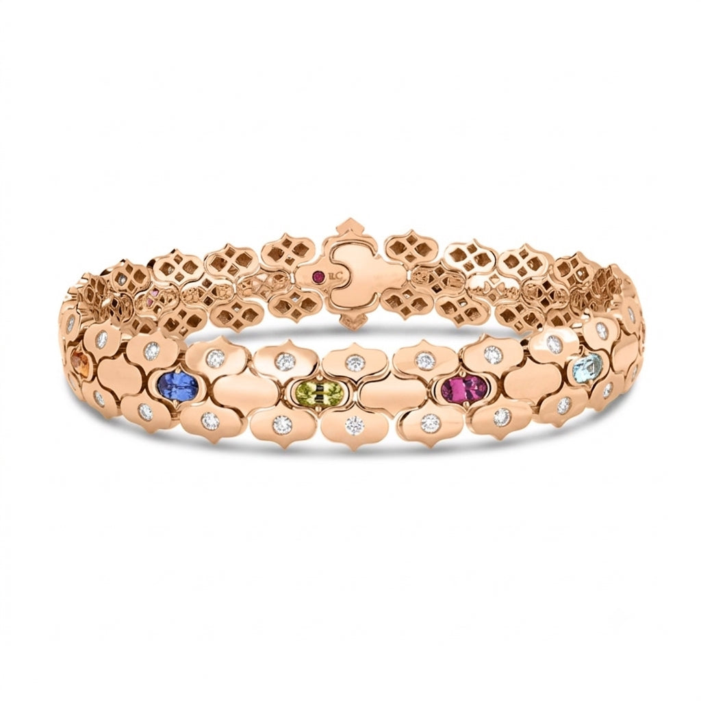 18K ROSE GOLD COBRA WIDE DIAMOND AND MIXED STONES (BLUE TOPAZ, CITRINE, PERIDOT, RUBY, AND RUBELLITE) BRACELET