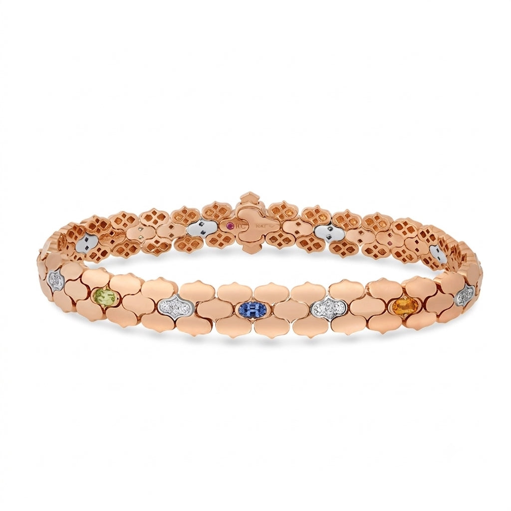 18K ROSE/WHITE GOLD COBRA DIAMOND AND MIXED STONES (BLUE SAPPHIRE, BLUE TOPAZ, CITRINE, PERIDOT, RUBY, AND RUBELLITE) BRACELET