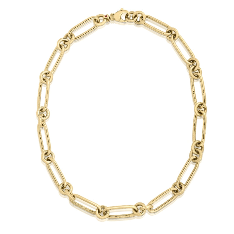 18K YELLOW DESIGNER GOLD OVAL & ROUND LINK NECKLACE