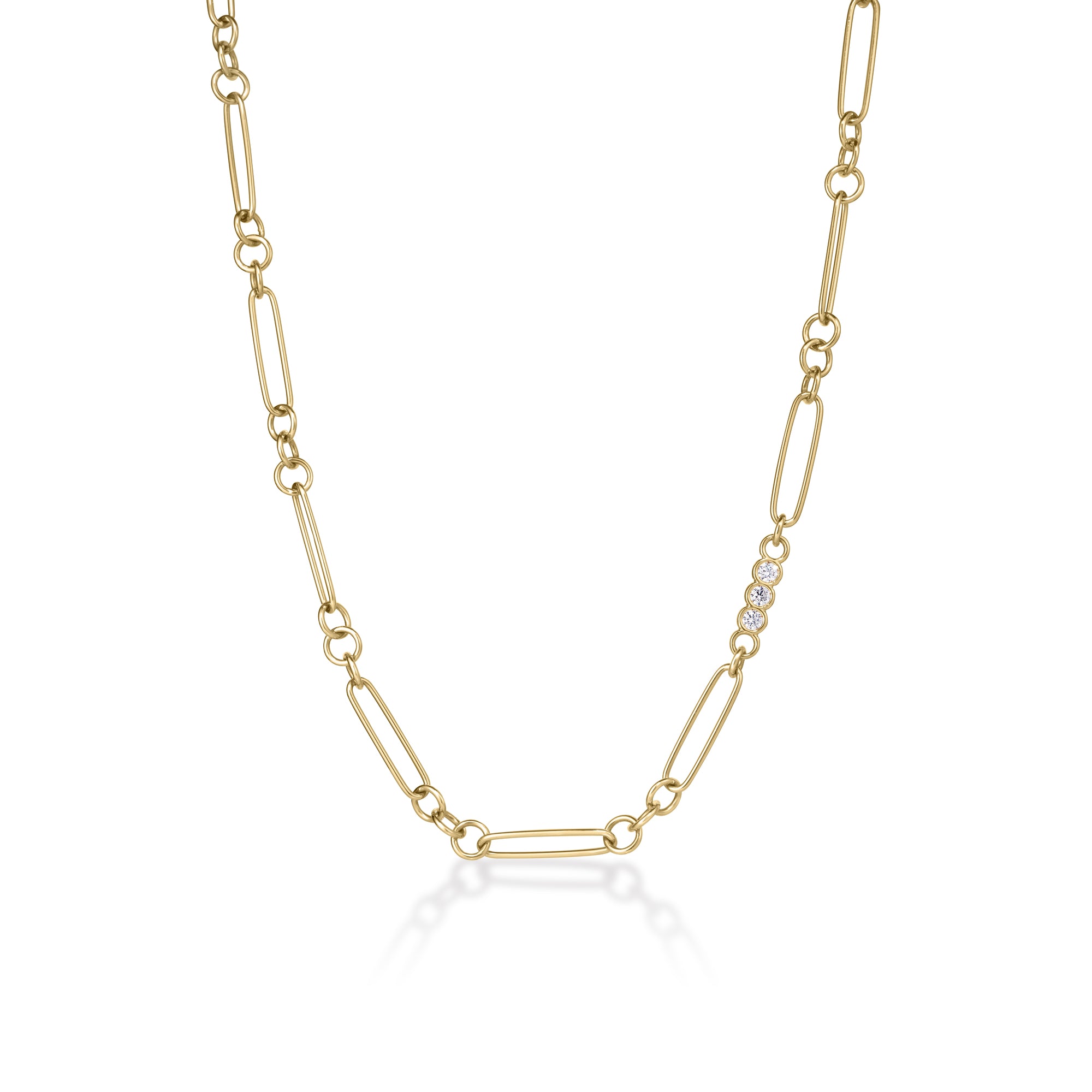 18K YELLOW DESIGNER GOLD ALTERNATING OVAL/ROUND LINK AND DIAMOND ACCENT CHAIN NECKLACE