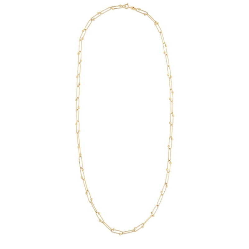 18K YELLOW DESIGNER GOLD ALTERNATING PAPERCLIP WITH SPHERES LINK LONG NECKLACE