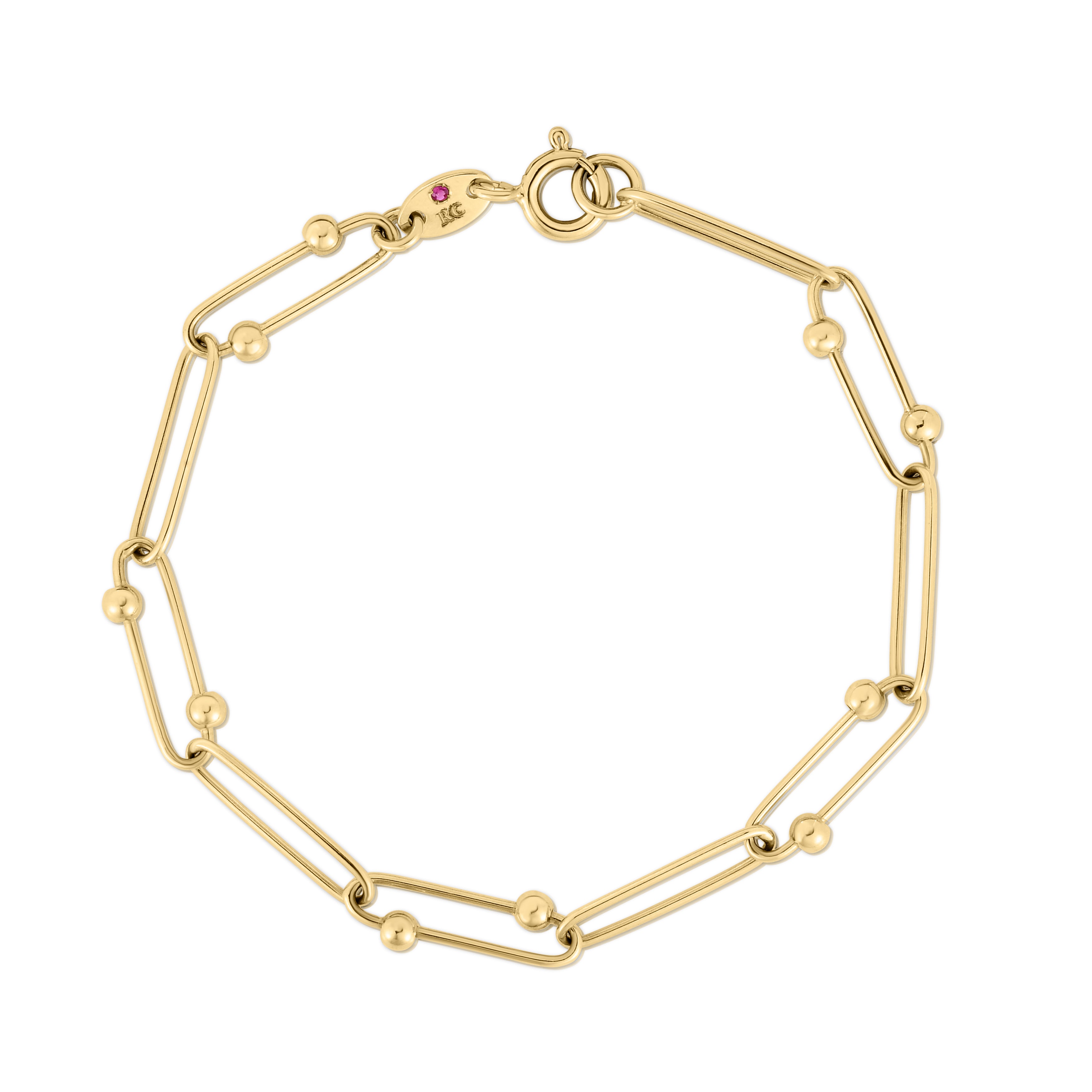 18K YELLOW DESIGNER GOLD ALTERNATING PAPERCLIP WITH SPHERES LINK BRACELET