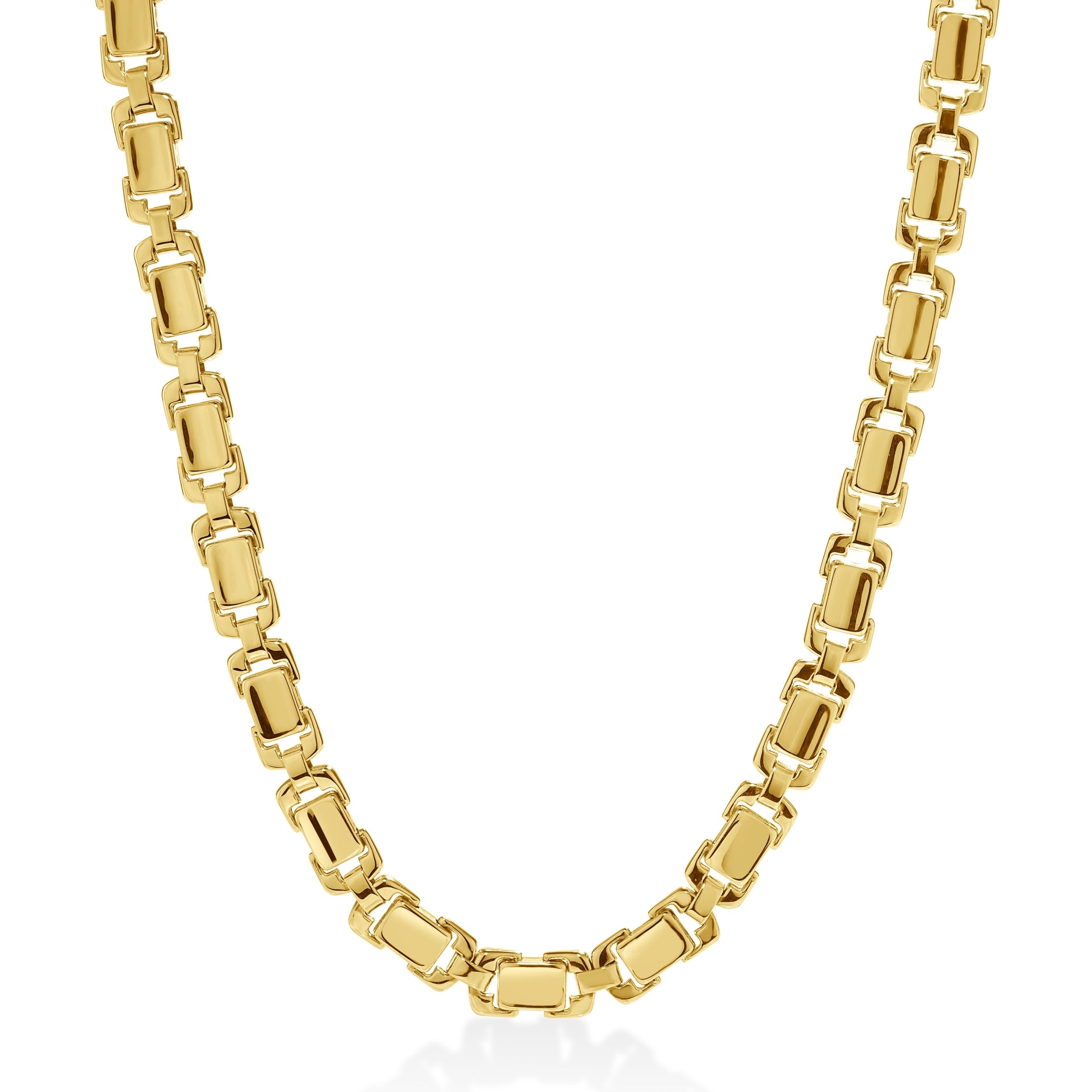 18K YELLOW DESIGNER GOLD FLATTENED RECTANGULAR LINK CHAIN NECKLACE