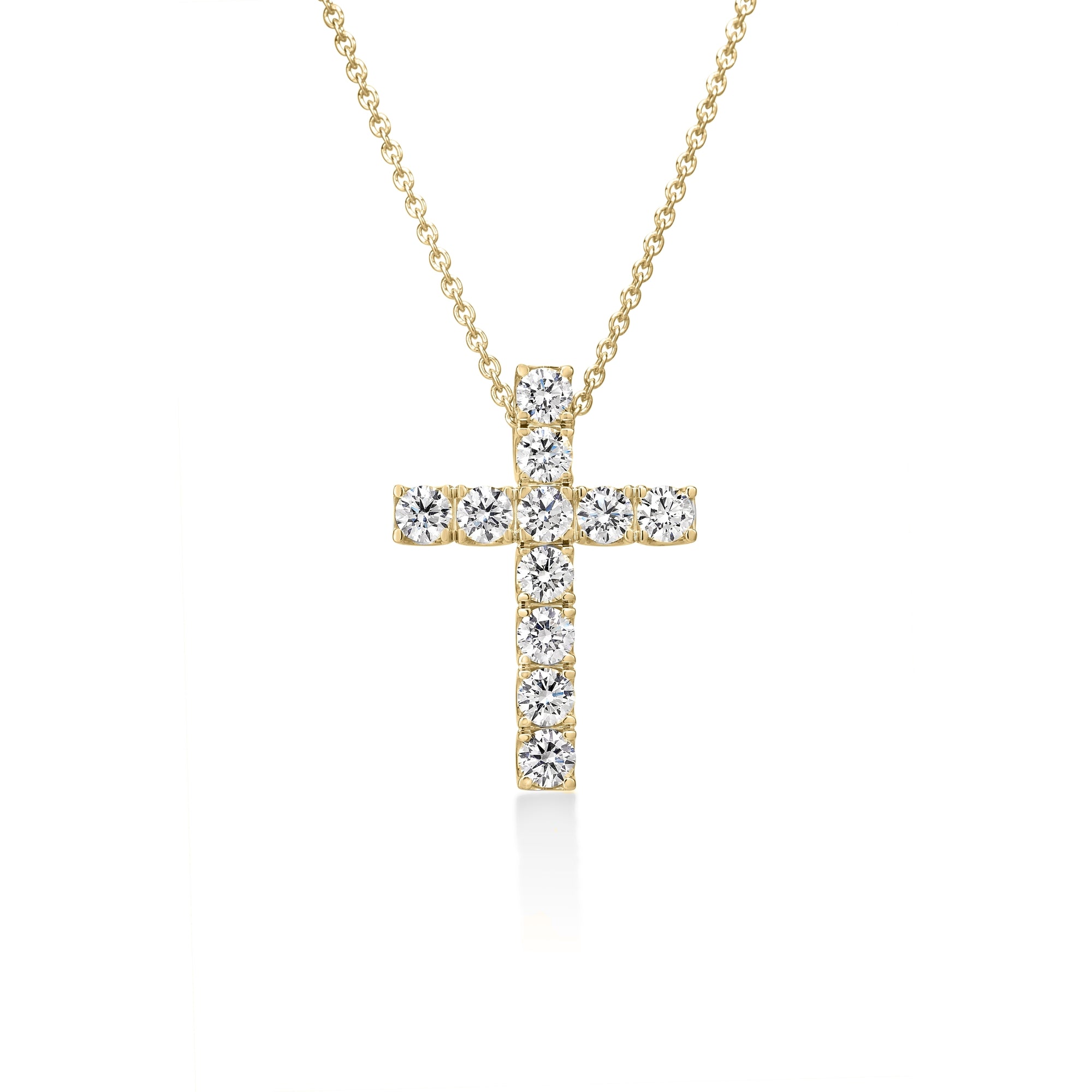 18K YELLOW GOLD DIAMOND CLASSIC ETERNITY CROSS NECKLACE: FG VS-SI