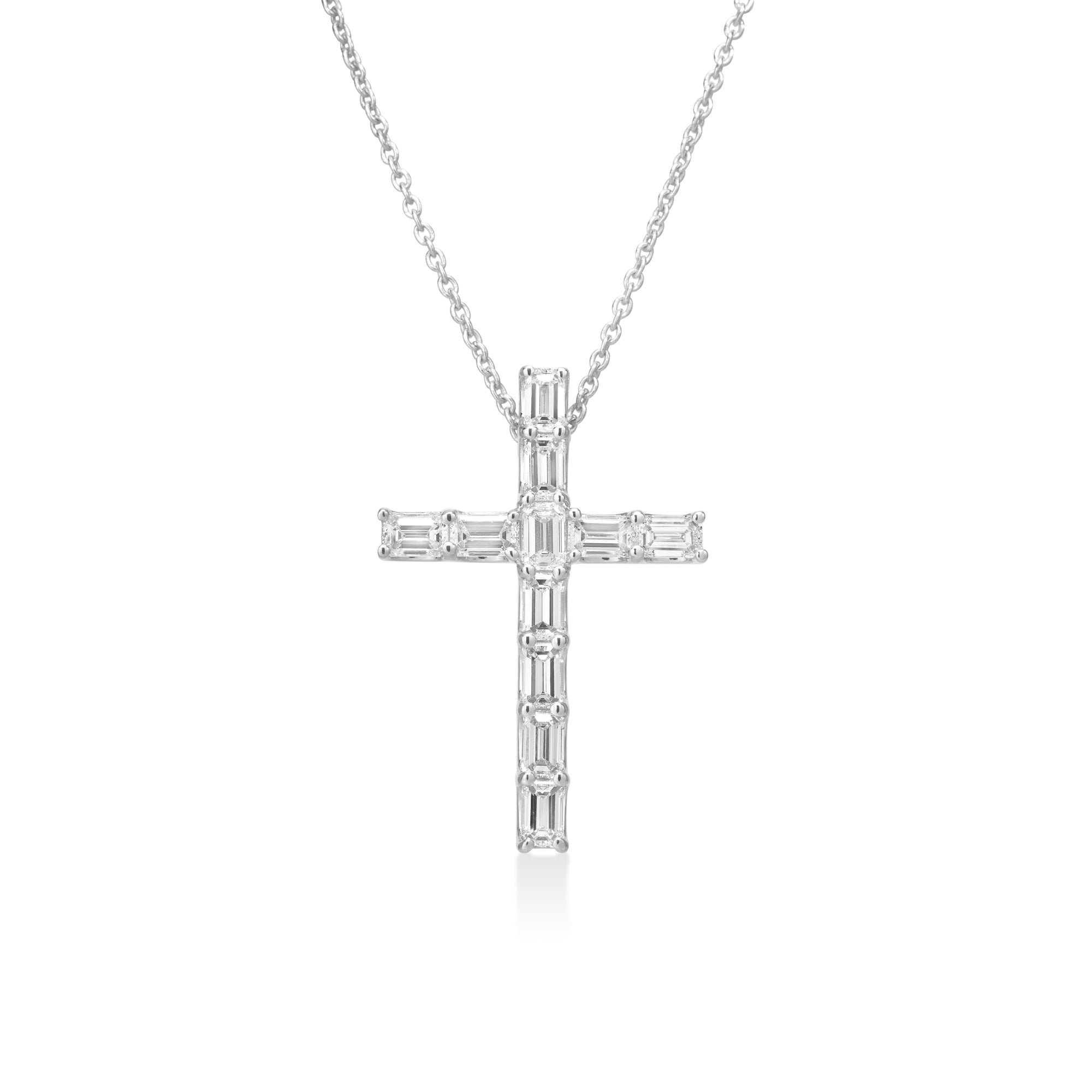 18K WHITE GOLD DIAMOND CLASSIC EMERALD CUT ETERNITY CROSS NECKLACE: FG VS-SI