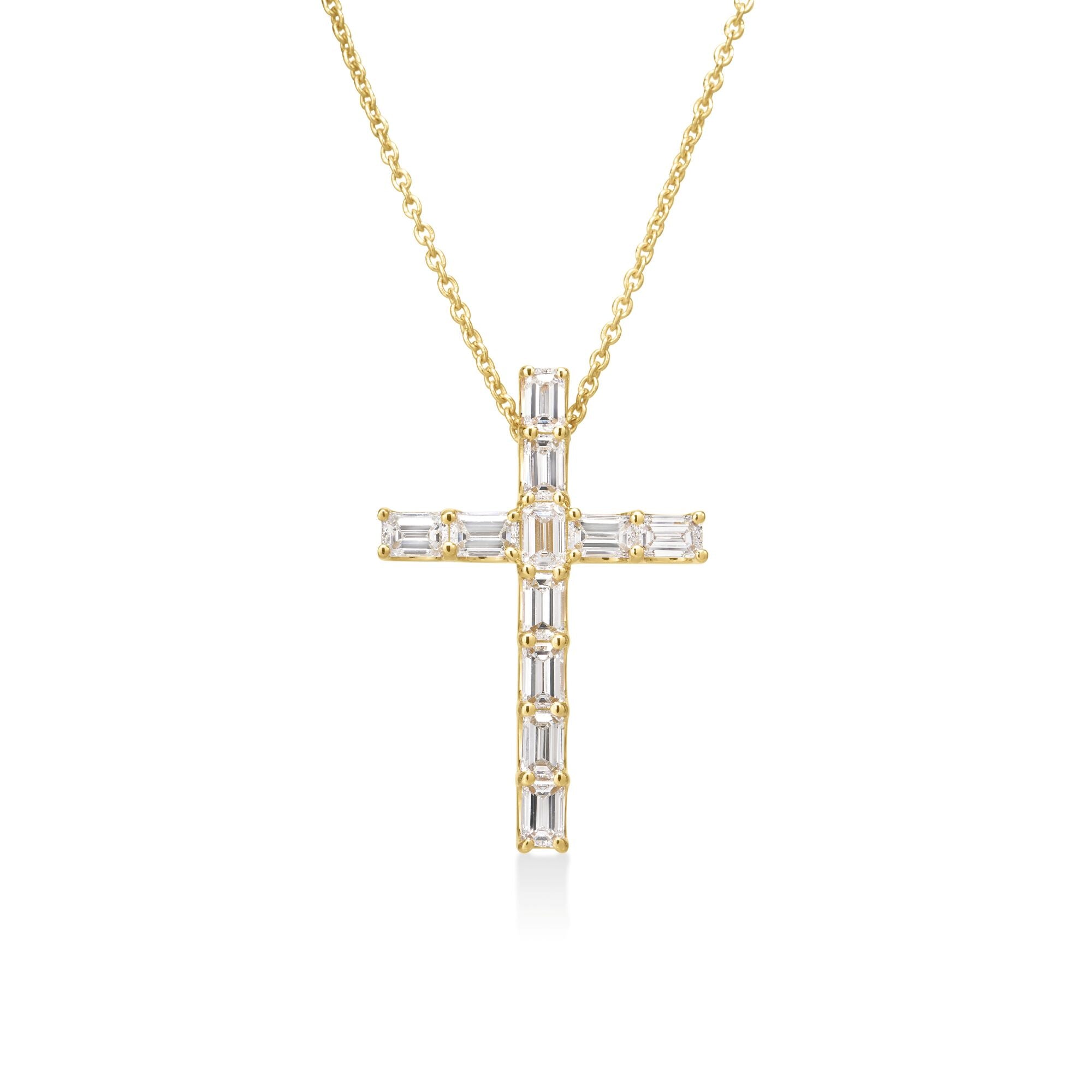 18K YELLOW GOLD DIAMOND CLASSIC EMERALD CUT ETERNITY CROSS NECKLACE: FG VS-SI