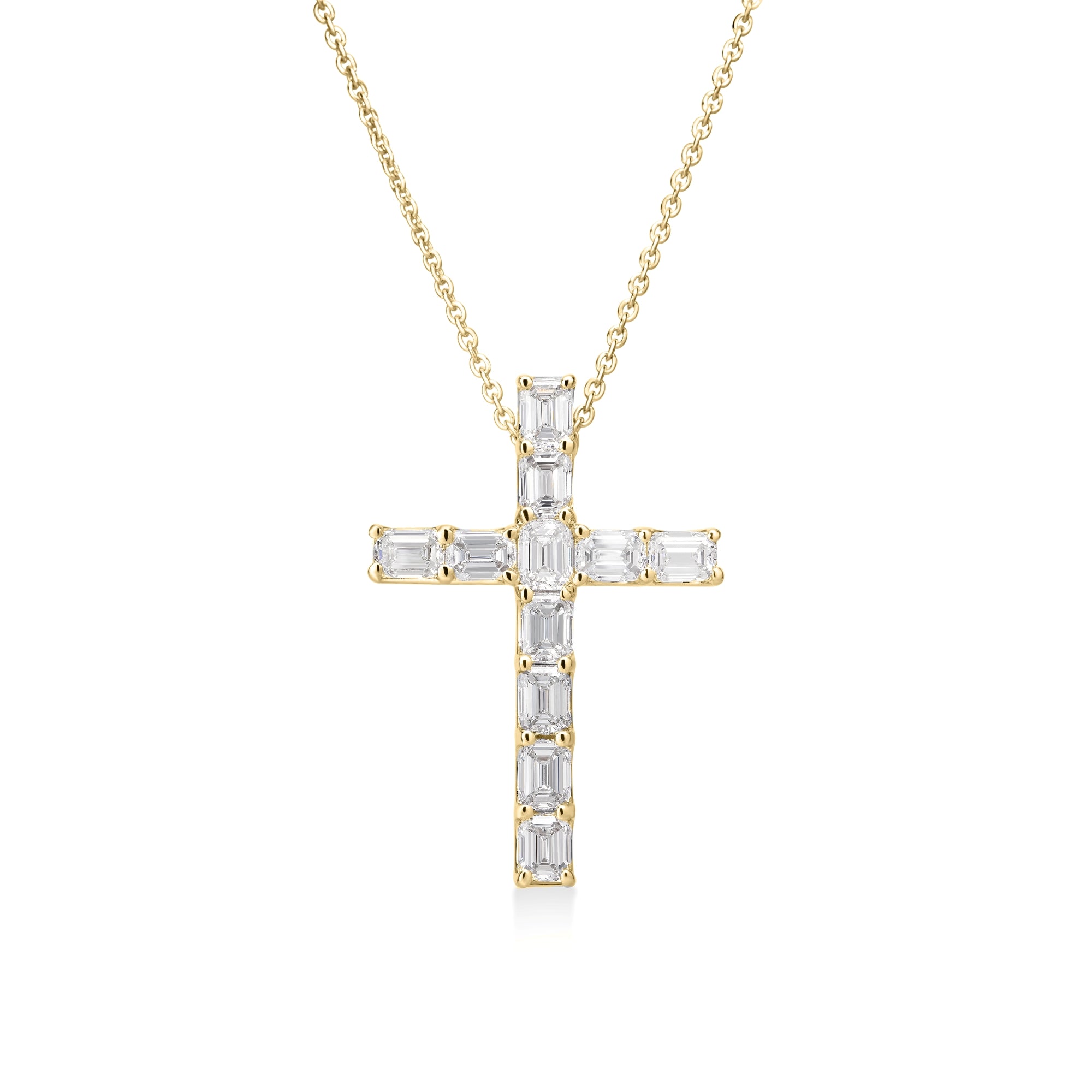 18K YELLOW GOLD DIAMOND CLASSIC EMERALD CUT ETERNITY CROSS NECKLACE: FG VS-SI