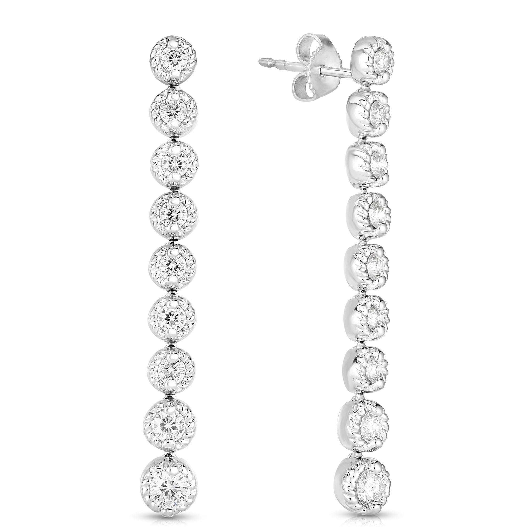 18K WHITE GOLD NEW FLORENTINE TEXTURED BEZEL DANGLE EARRINGS