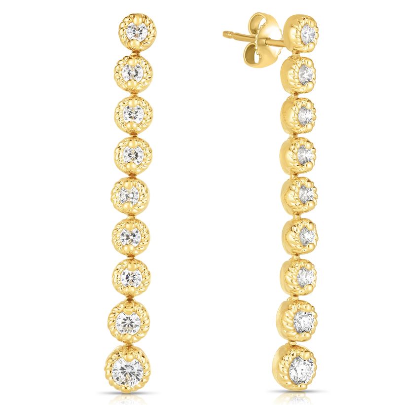 18K YELLOW GOLD NEW FLORENTINE TEXTURED BEZEL DANGLE EARRINGS
