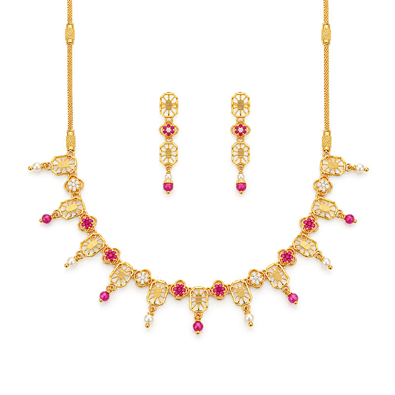 Elegant 22k Yellow Gold Necklace Set with CZ Pearls and Red Beads