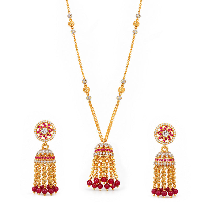 Elegant 22k yellow gold necklace with red beads and matching Jhumka earrings for women