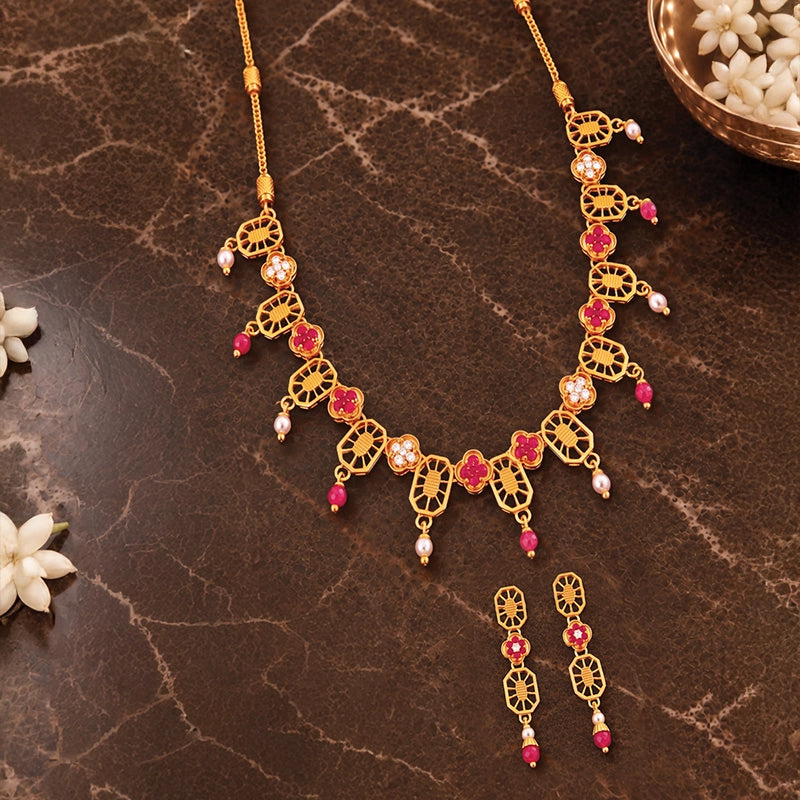 Elegant 22k Yellow Gold Necklace Set with CZ Pearls and Red Beads