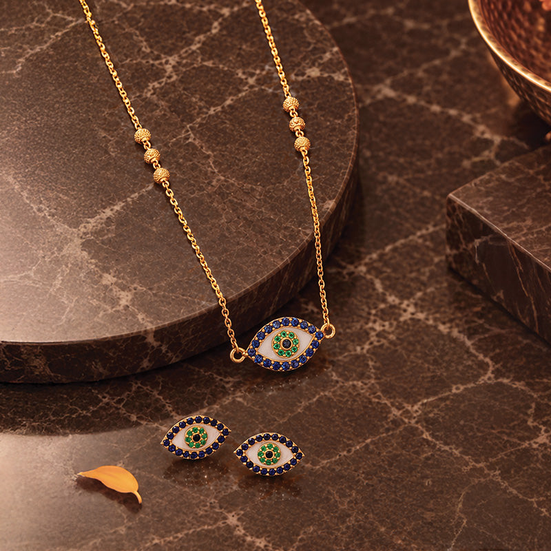 Elegant 22k Yellow Gold Blue Evil Eye Shaped Pendant Necklace for Women