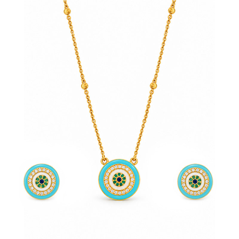 Elegant 22k Yellow Gold Pendant Set with Light Blue Enamel Accents