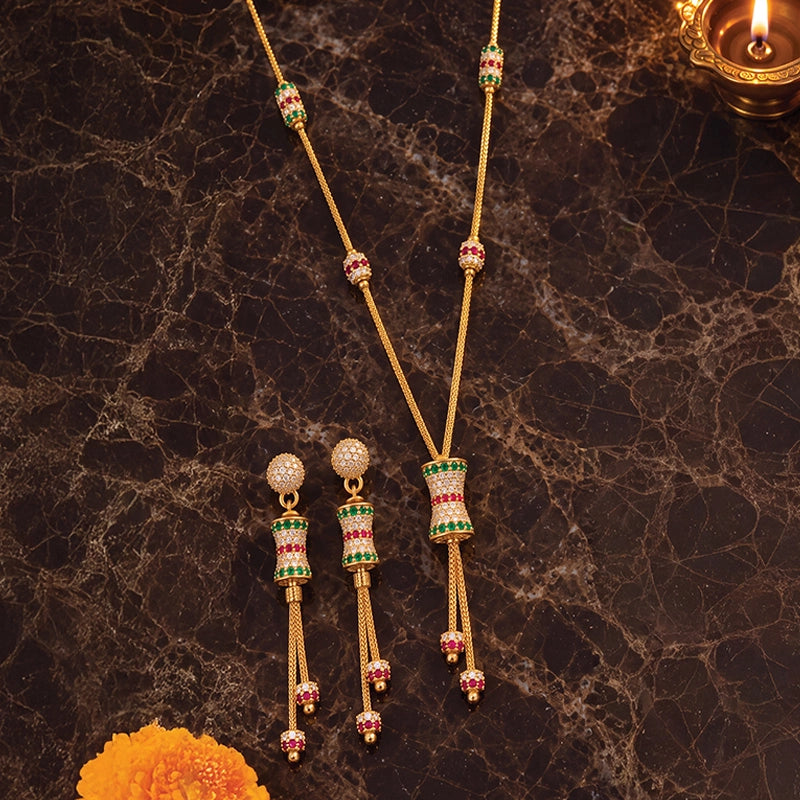 Elegant 22k yellow gold rectangle lariat necklace and earrings set for women