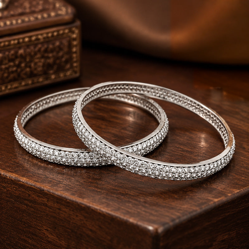 Elegant White Gold bangles with CZ - Set of 2, Size 2.6
