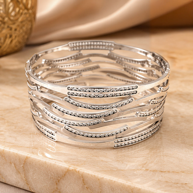 White Gold bangles with CZ - Set of 6, Size 2.6