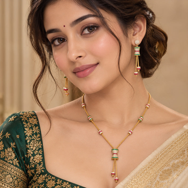 Elegant 22k yellow gold rectangle lariat necklace and earrings set for women