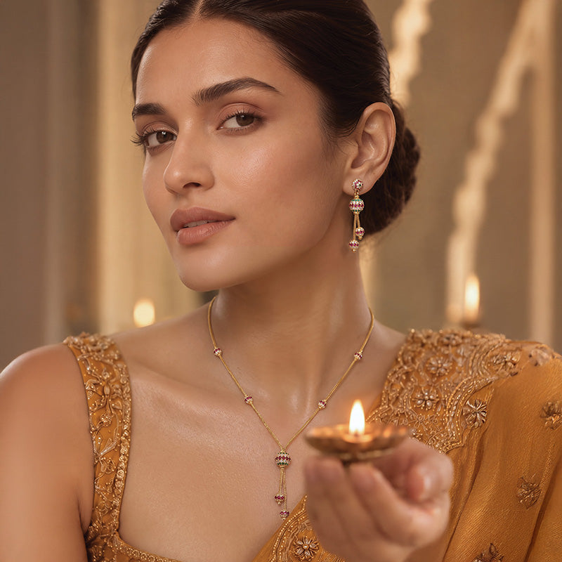 Elegant 22k Yellow Gold round Lariet Necklace and Earrings Set for Women