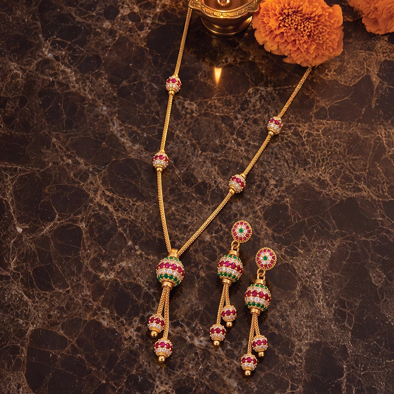 Elegant 22k Yellow Gold round Lariet Necklace and Earrings Set for Women