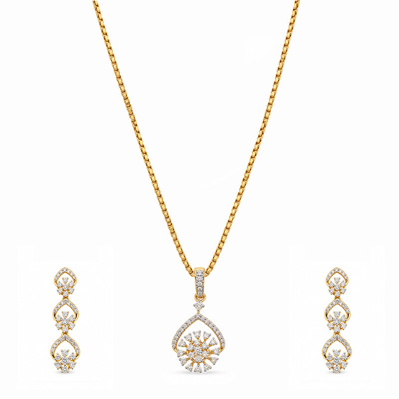 Elegant 18k Yellow Gold Diamond Pendant with Matching Earrings and 16 Inch Chain